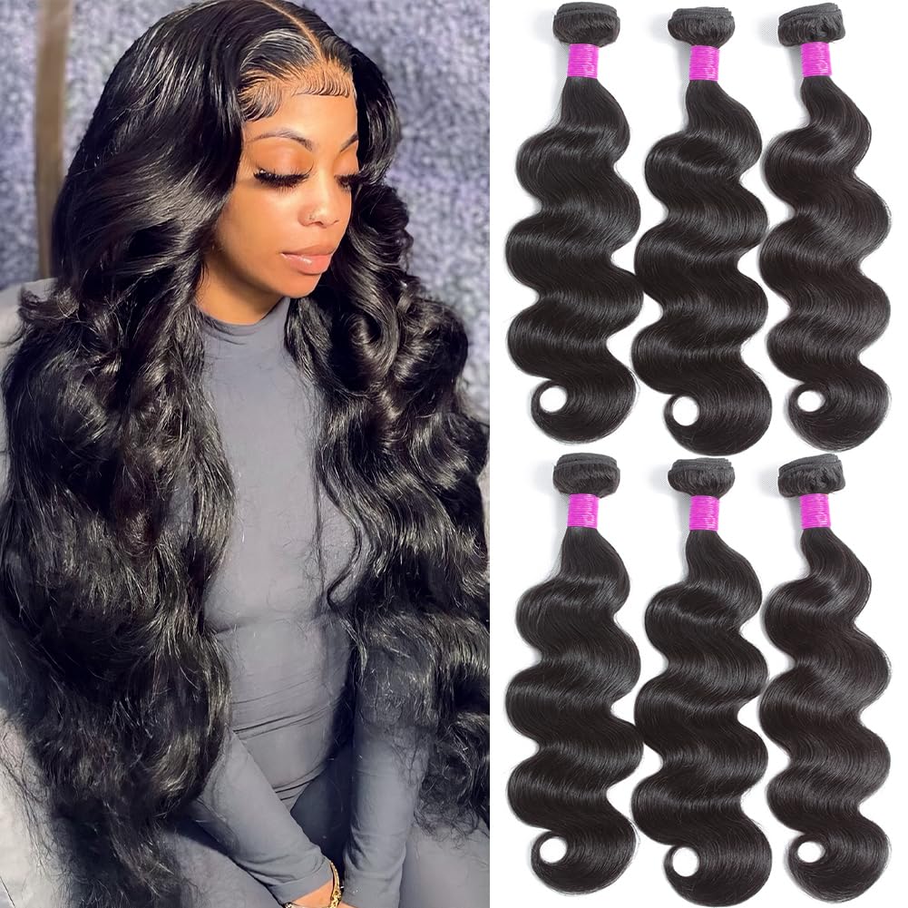Flady 12A Brazilian Human Hair Bundles - 3 Pack Body Wave Virgin Hair Extensions (22/24/24 Inch) for Weaving & Styling | Natural Black Color | Perfect for Daily Wear, Parties & Special Occasions