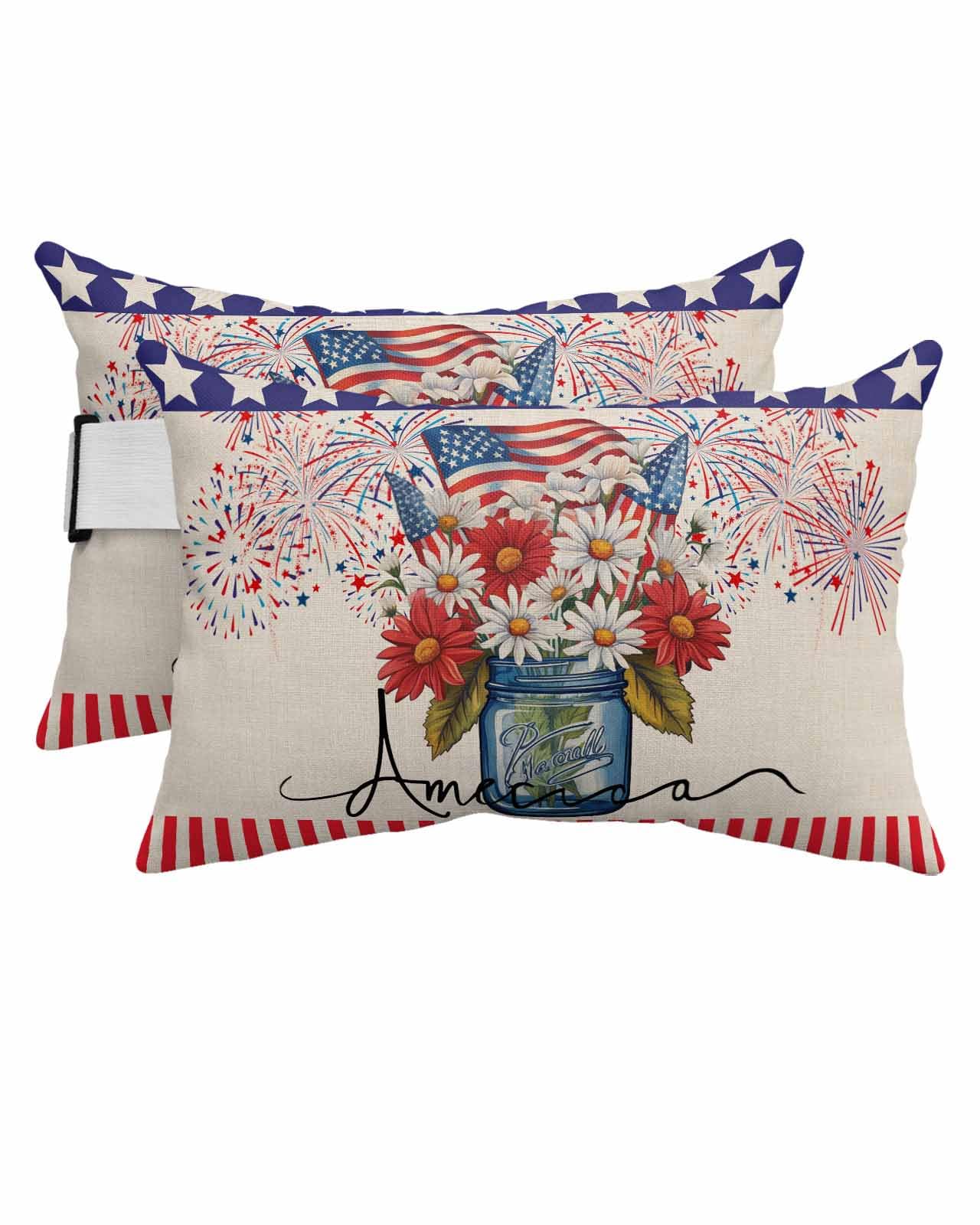 Red White and Blue Patriotic Throw Pillows - Waterproof Outdoor Pillows for Recliner, Pool, Beach & Patio - 11x16 Inch July 4th Decor with Elastic Band (Pack of 2) - Perfect for Independence Day, Memorial Day, Summer Outdoor Relaxation