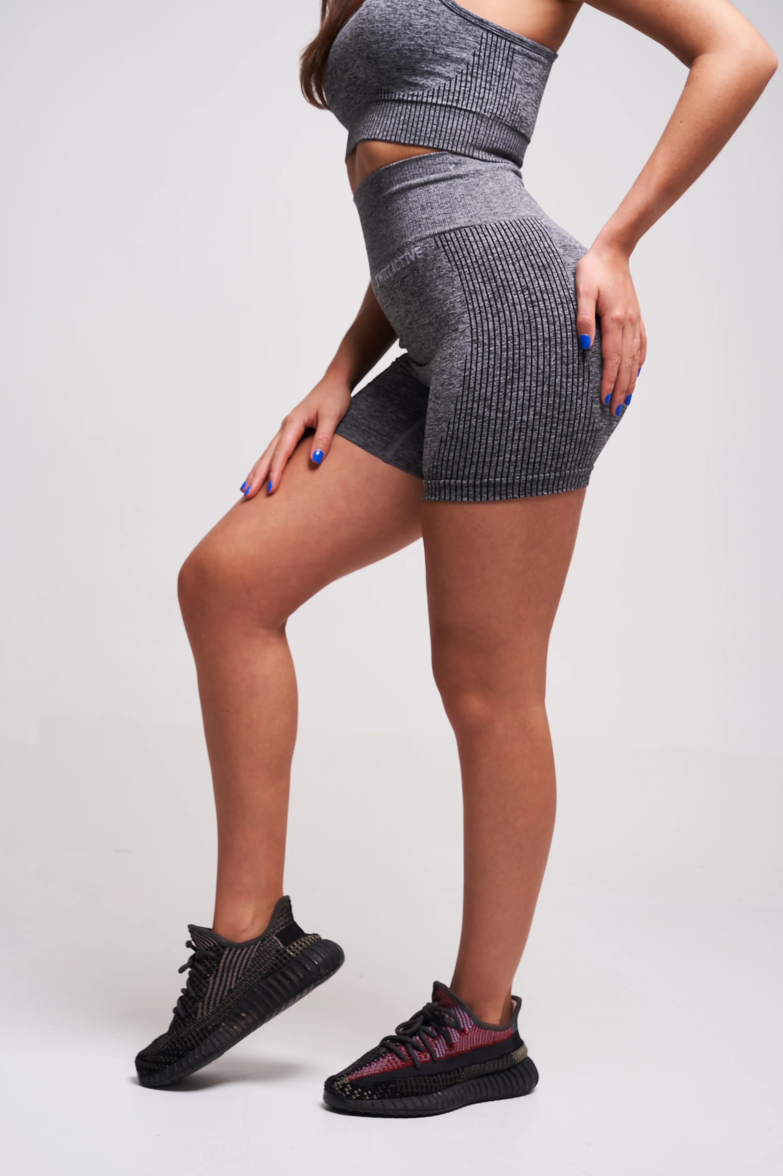Prunella Recycled Ruched Bum Shorts - Grey Marl | Sustainable High Waisted Workout Shorts for Women | Perfect for Yoga, Running & Gym