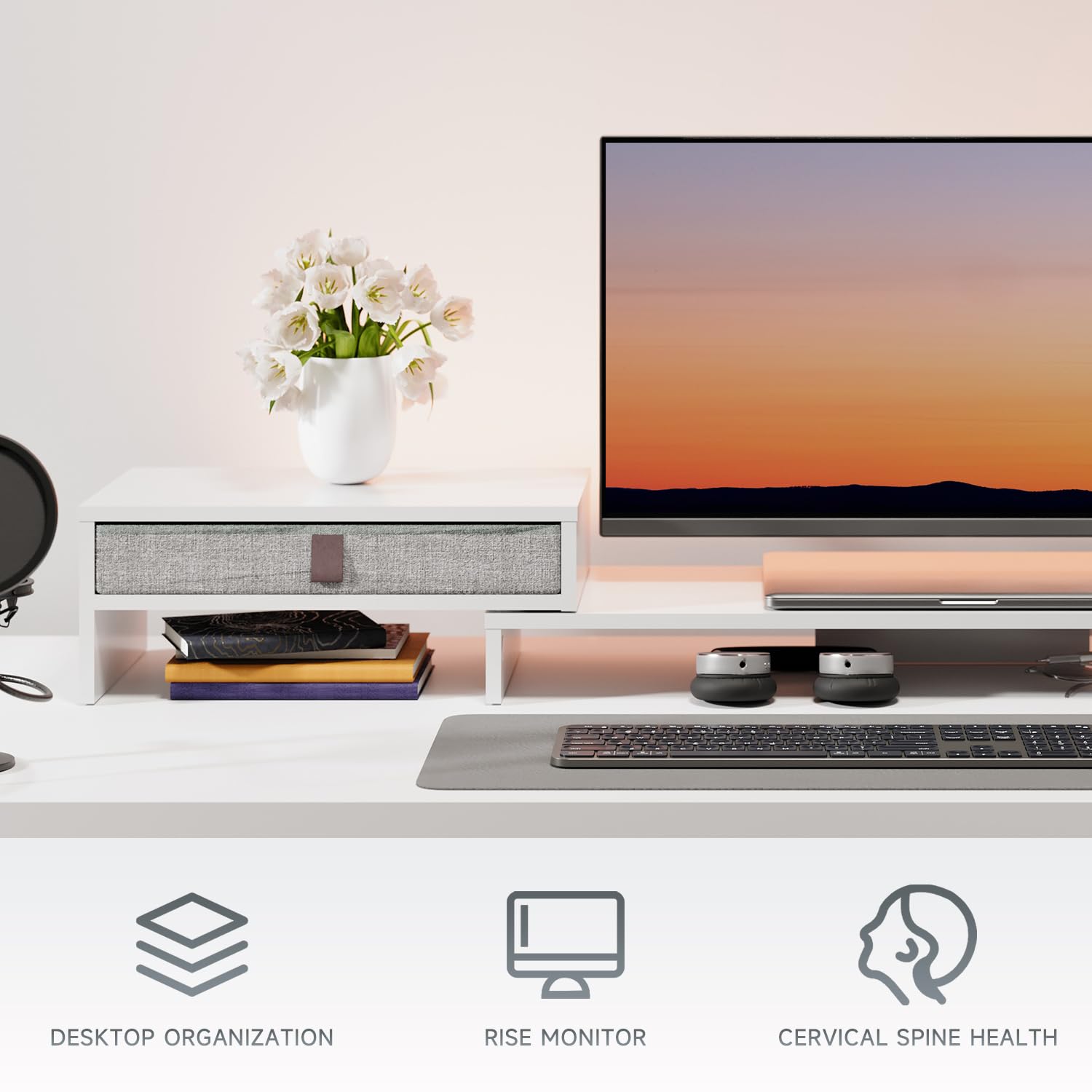 FENGE Dual Monitor Stand Riser with Storage Drawer - Adjustable 3-Tier Laptop & Screen Stand for Office, White | Perfect for Workspace Organization, Printer Shelf & Multi-Monitor Setup
