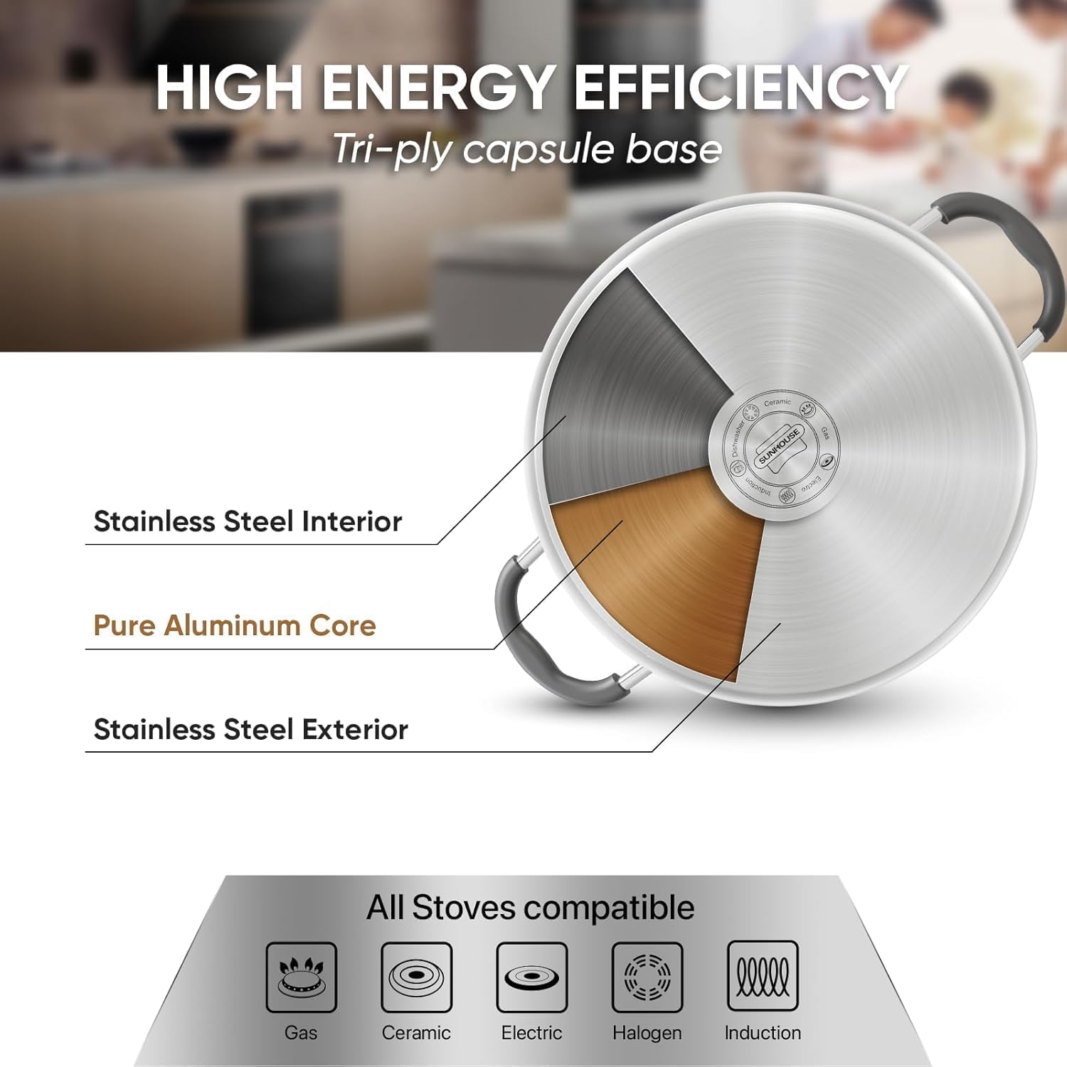 SUNHOUSE 3.3 Quart Stainless Steel Steamer Pot with Lid - 2-Tier Multipurpose Cookware for Vegetables, Dumplings, Sauces & More - Triple Bottom, Measurement Lines - Perfect for Home Cooking, Meal Prep & Healthy Eating