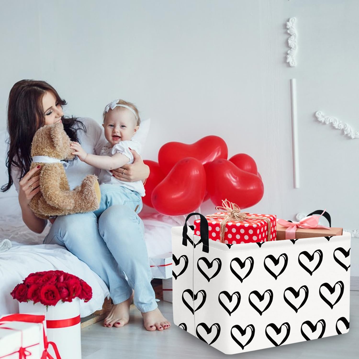 FXOLCSHE Black Gift Basket with Handle - Baby Girl Toy Organizer, Room Decor Storage Bin for Valentine's Day Gifts, Birthday Presents & Nursery Organization