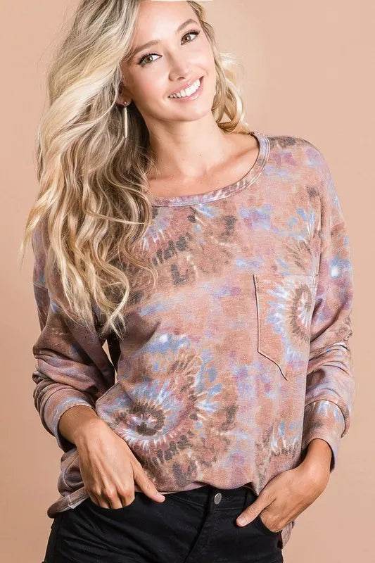 BiBi Tie Dye Print Terry Cotton Top with Front Patch Pocket - Women's Casual Loungewear for Summer & Beach