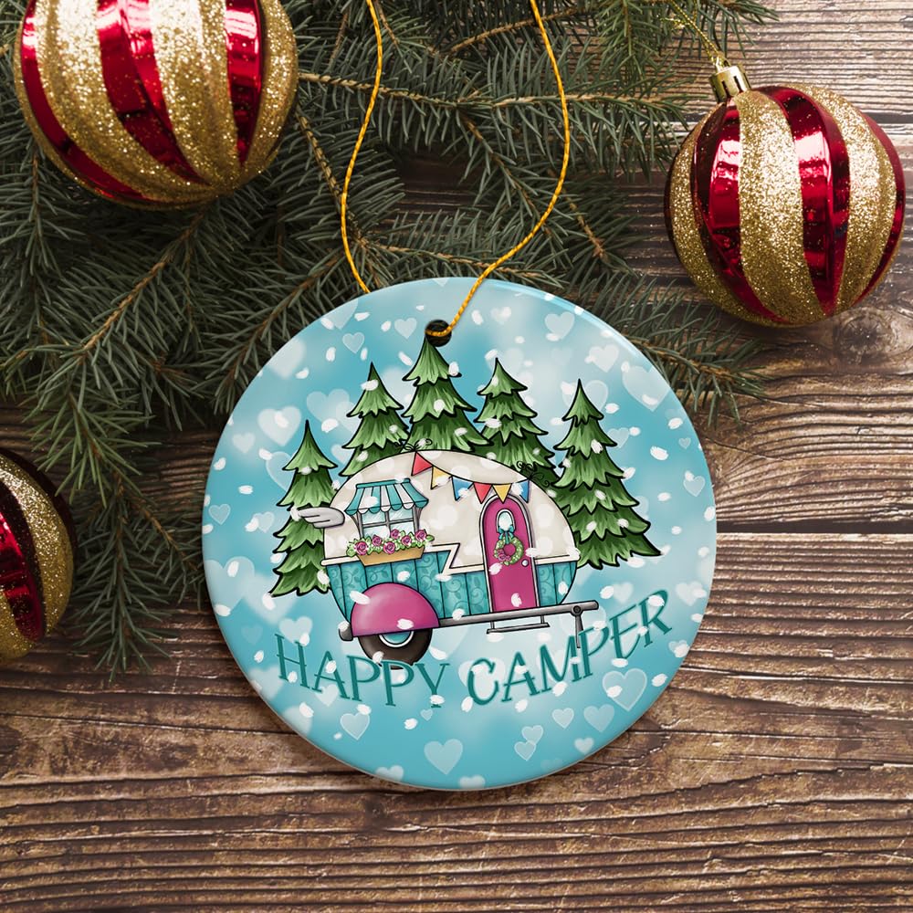 Happy Camper Winter RV Christmas Ornament - Travel Themed Holiday Decor for Tree & Gifts | Perfect for RV Enthusiasts & Outdoor Lovers