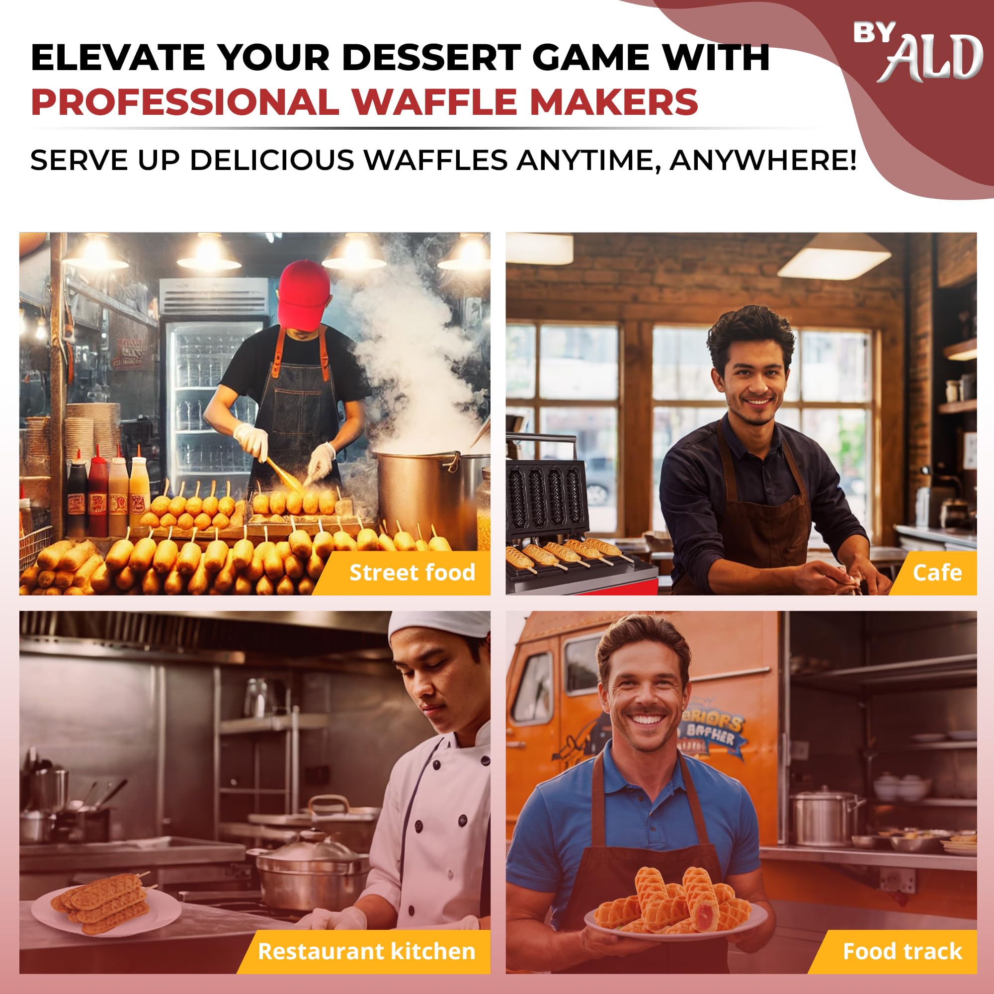 ALDKitchen Commercial Waffle Dog Maker - Stainless Steel Corn Dog Machine with Red Panel - 110V for 5 Waffles on a Stick - Perfect for Food Trucks, Fairs & Home Breakfast