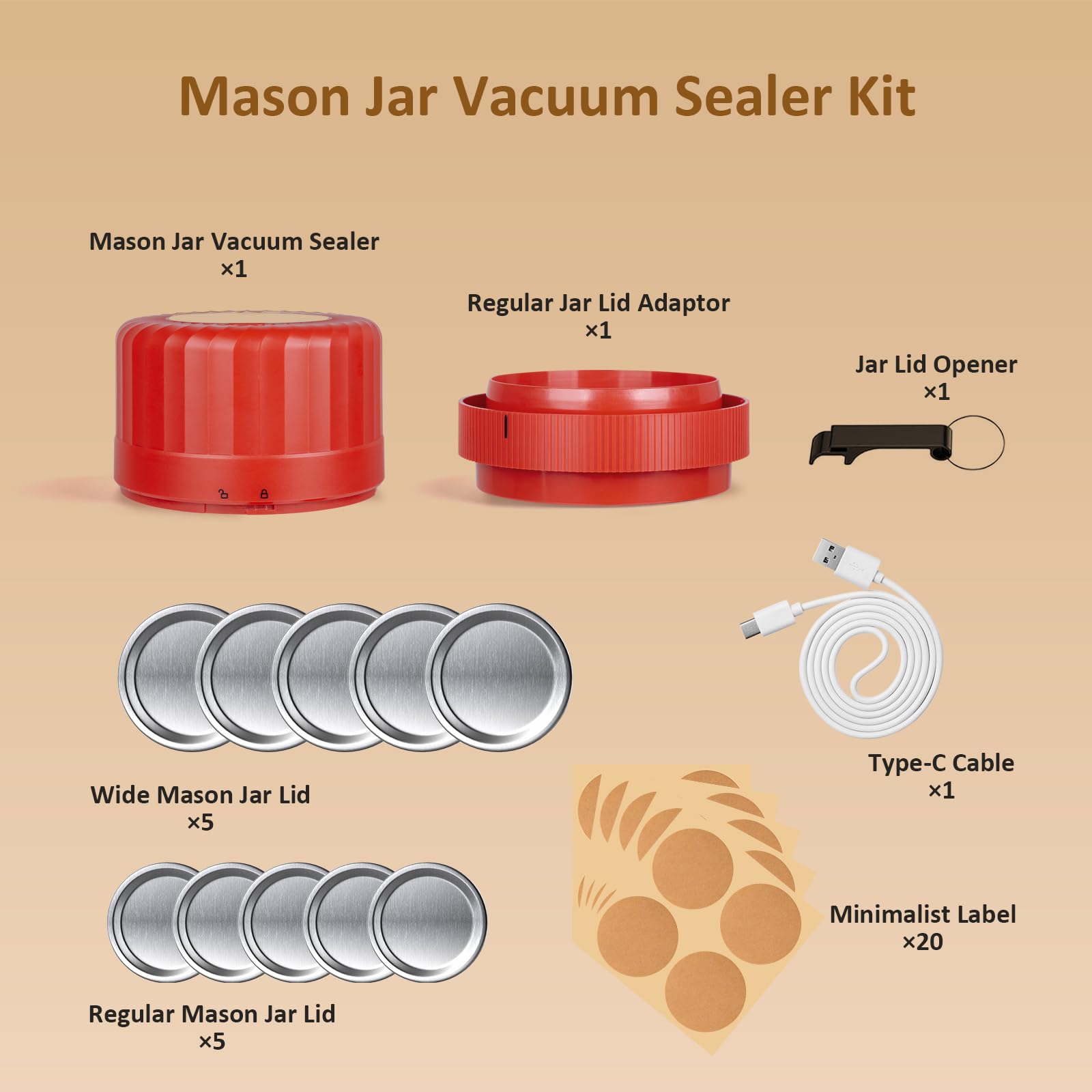 Automatic Mason Jar Vacuum Sealer Kit with Auto Stop - Preserve Food Freshness for Canning, Pickling, Dehydrating & Meal Prep | Airtight Storage Solution for Mason Jars, Pantry Organization & Home Food Preservation (Red)