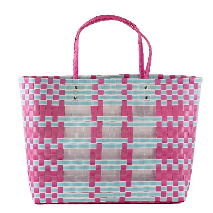 Kimberly Woven Beach Tote Bag - Hot Pink & Aruba Blue Stripes | Large Waterproof Summer Beach Bag for Women | Perfect for Pool, Vacation, Travel & Shopping