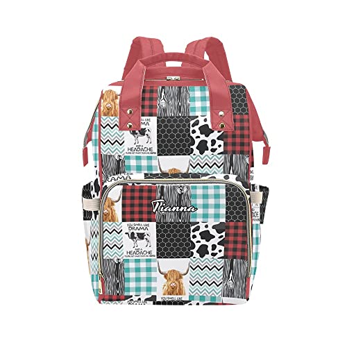Waterproof Highland Cow Patchwork Diaper Backpack - Personalized Name Nursing Bag for Moms, Baby Essentials Tote & Gift for Women | Perfect for Daycare, Travel & On-the-Go Parenting