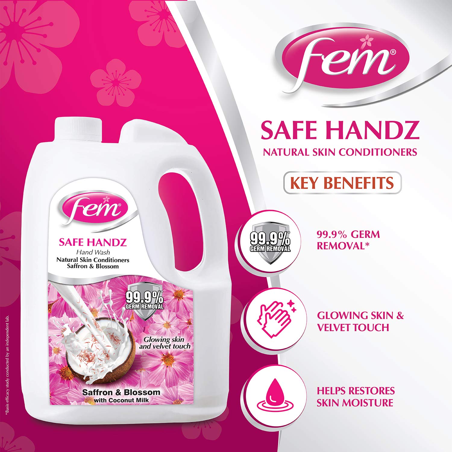 Fem Safe Handz Hand Wash - Enriched with Saffron & Coconut Milk Blossom Extract - 5L | Moisturizing & Antibacterial Hand Soap for Daily Hygiene, Kitchen, Bathroom & Office Use