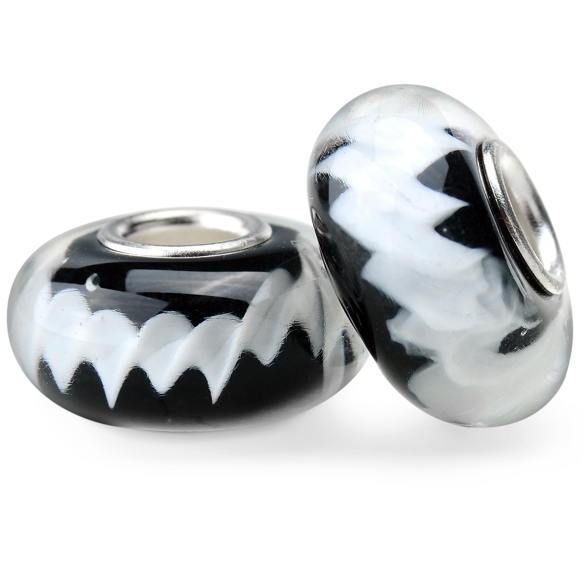 RUBYCA Black and White Murano Glass European Charm Beads with Silver Core - 6pcs for Jewelry Making, Bracelets & DIY Craft Projects
