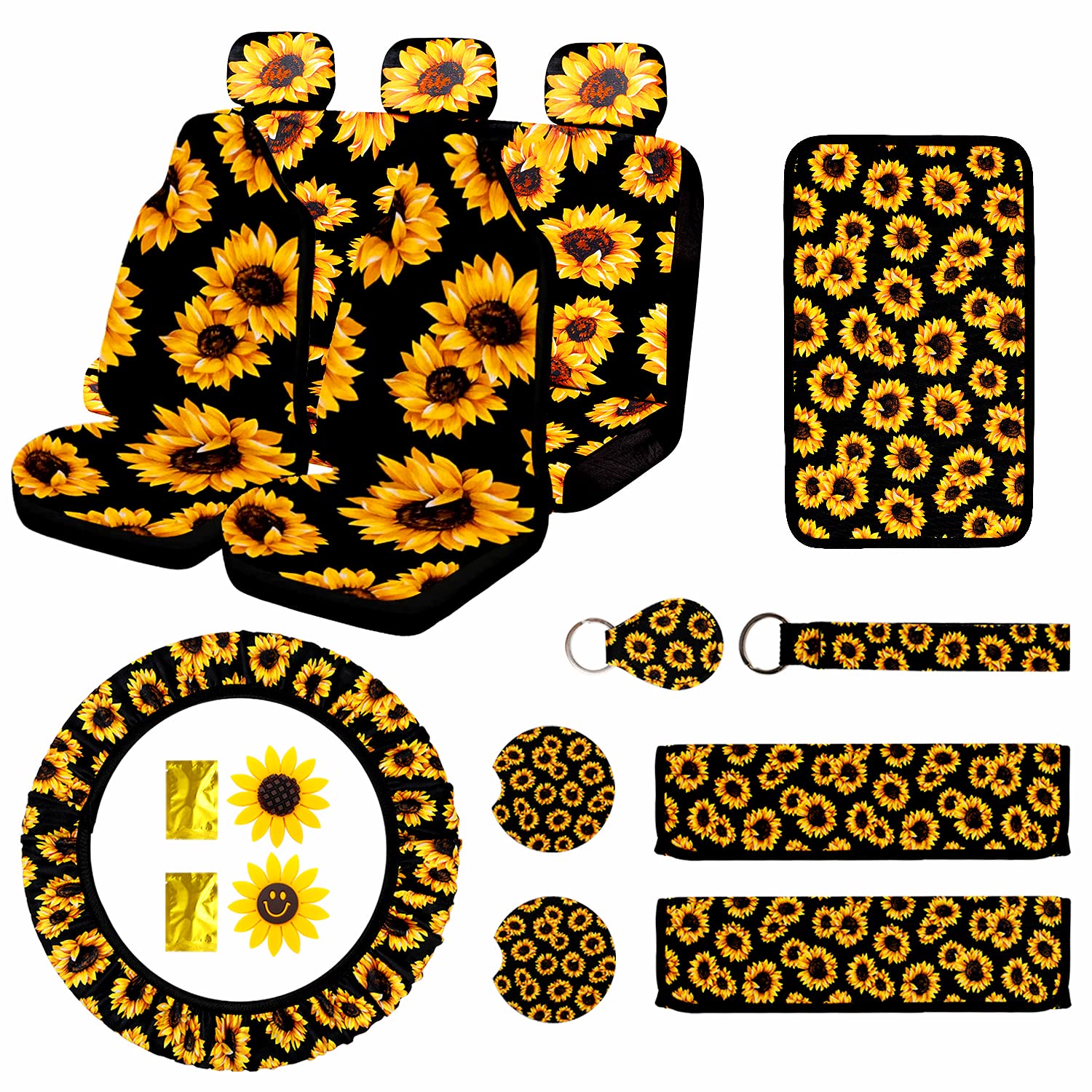 Sunflower Car Accessories Set - 17PC for Seat & Steering Wheel Covers