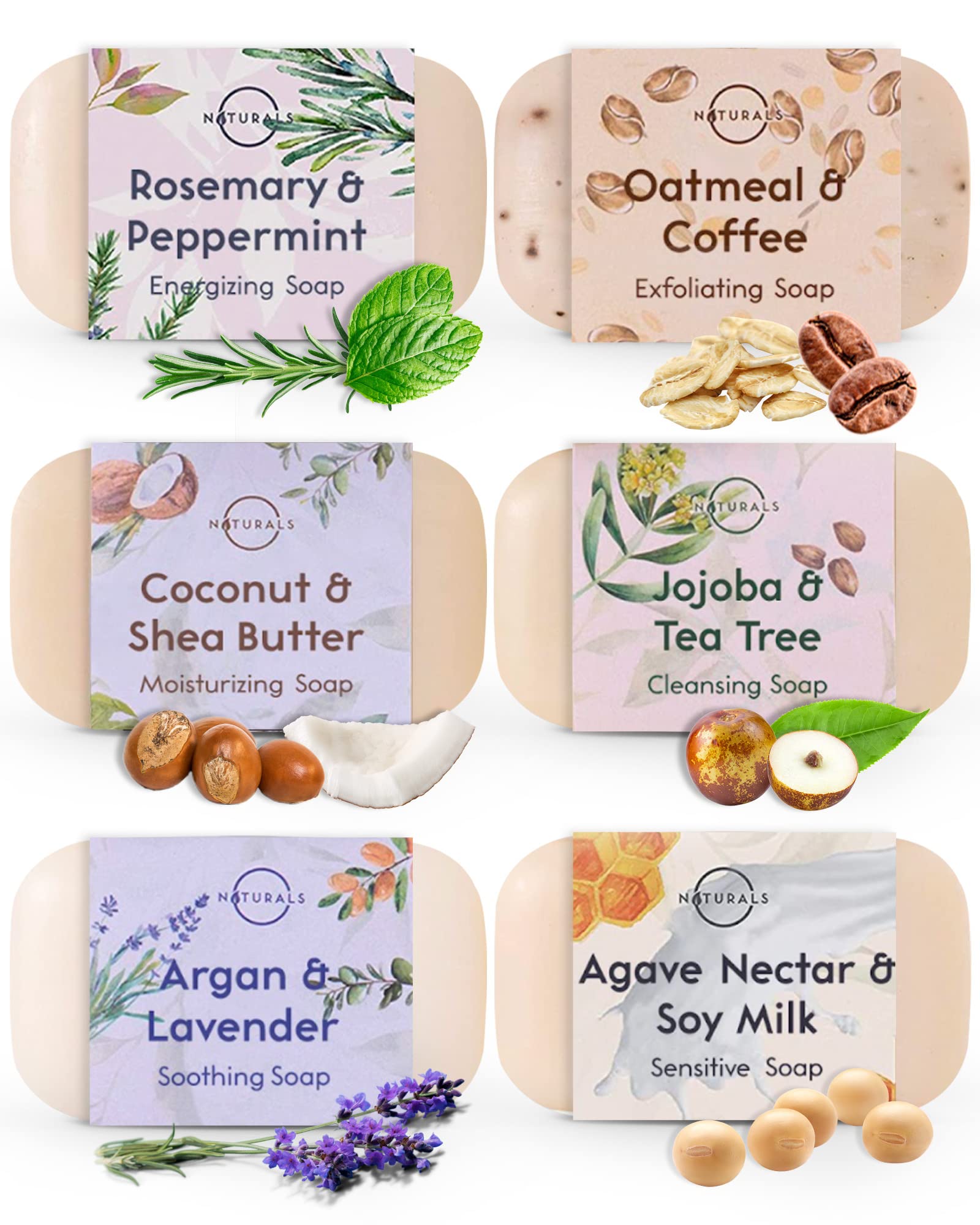 O NATURALS 100% Natural Bar Soap Gift Set - 6 Organic Soap Bars with Essential Oils for Women & Men - Spa, Body Wash & Acne Face Soap - Triple Milled Luxury Soap for Daily Skincare & Relaxation Gifts
