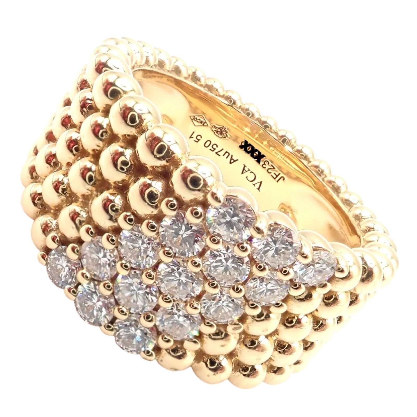 Van Cleef & Arpels 18k Yellow Gold Perlee Diamond 5 Row Band Ring - Size 5.75 with Certificate | Luxury Diamond Wedding Band for Women, Elegant Anniversary Gift for Her
