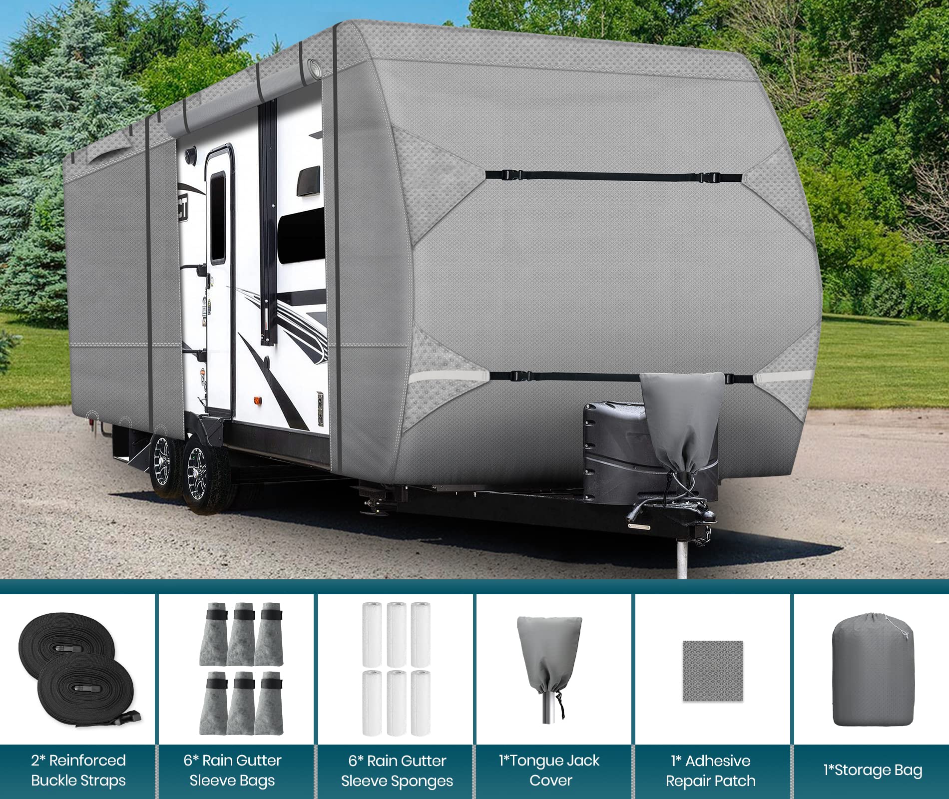 Heavy Duty 35'-38' RV Cover - 8-Layer Rip-Resistant & Snowproof Travel Trailer Cover with 2 Windproof Straps & Tongue Jack Cover | All-Weather Protection for Campers, Motorhomes & Trailers | Perfect for Winter Storage & Outdoor Travel Use