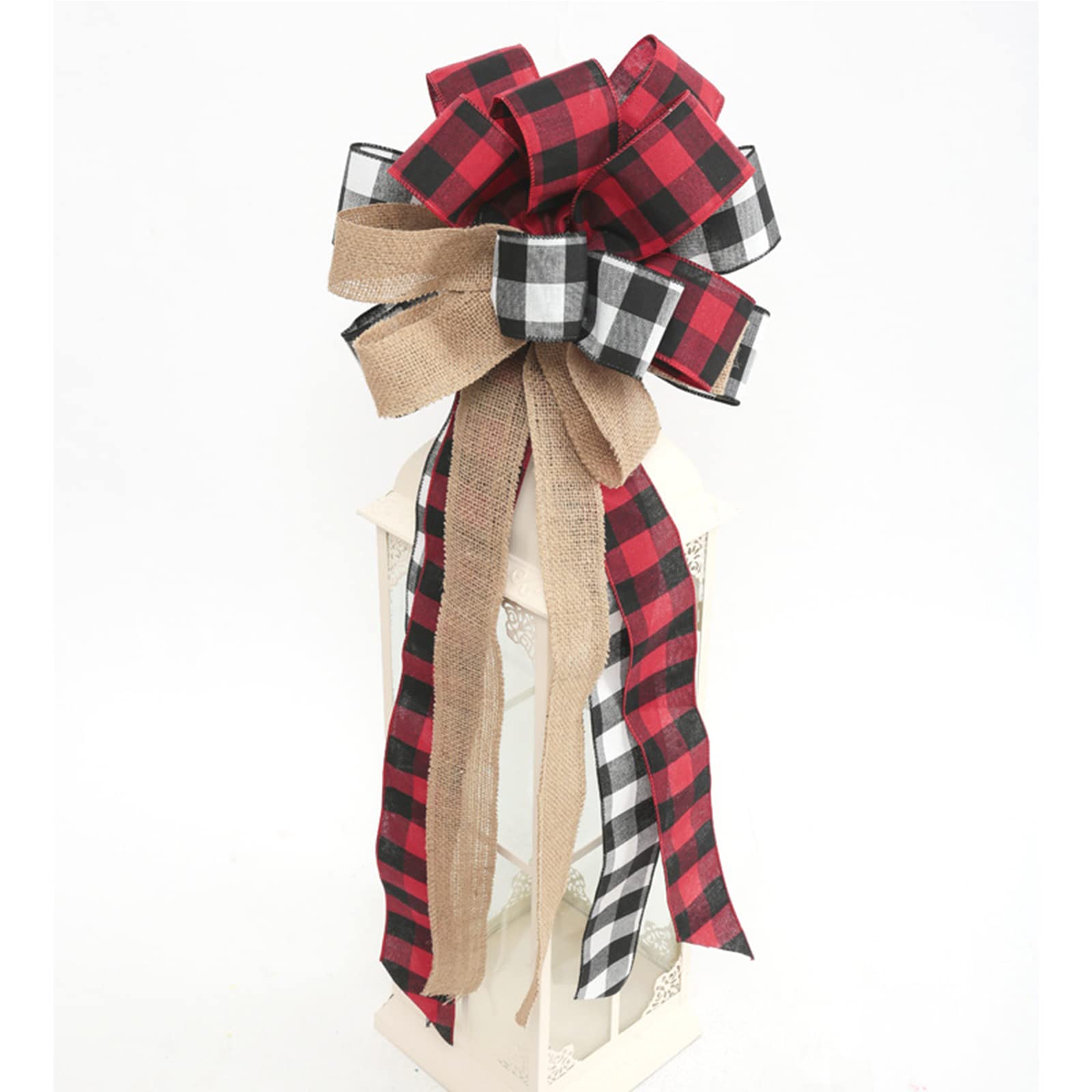 Red and Black Buffalo Plaid Christmas Tree Topper Bow with Streamers - Rustic Burlap Wreath Bow for Farmhouse Holiday Decor, Xmas Tree Topper, Christmas Party & Home Decoration (Red Plaid) - Perfect for Fireplace Mantels, Front Door Wreaths & Festive Tablescapes