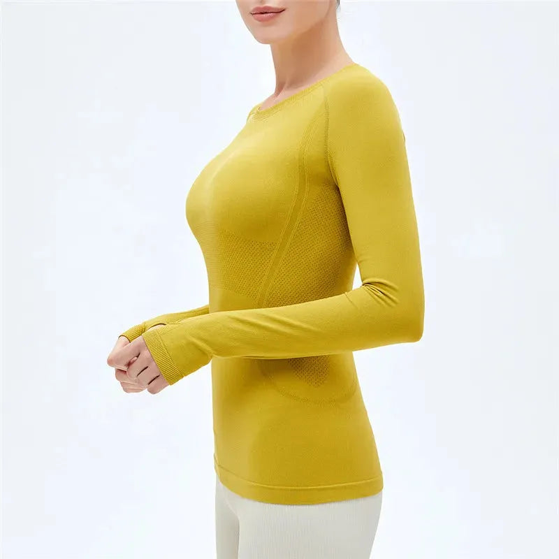 Solid Color Women's Long Sleeve Yoga Shirt - Breathable Fitness Top with Round Neck & Thumb Holes for Yoga, Gym & Workouts | Slim Fit Athletic Wear for Women