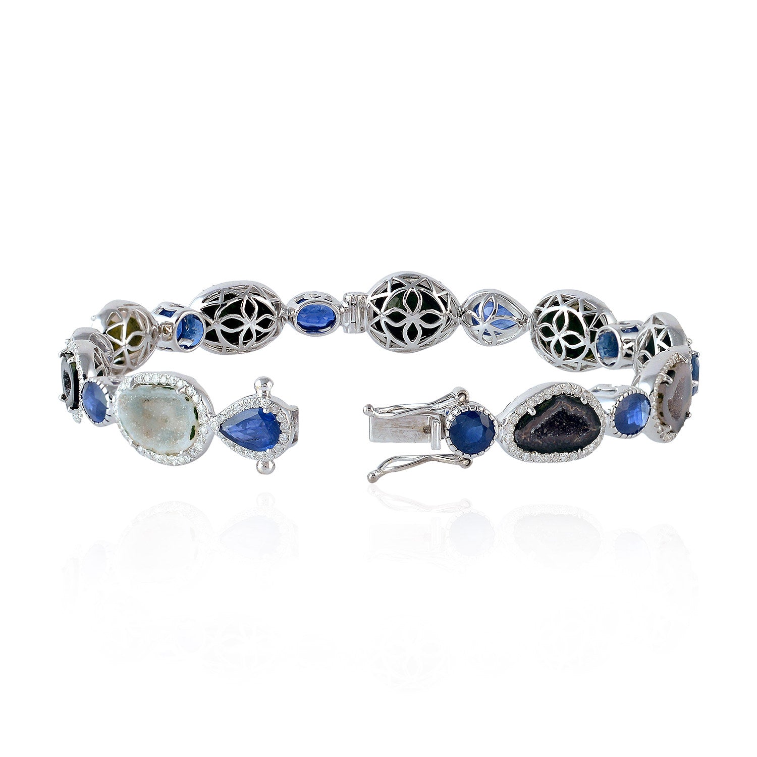 Blue Sapphire Uneven Geode Pave Diamond 18k White Gold Wedding Bangle Bracelet - Perfect for Bridal Jewelry, Anniversary Gifts & Special Occasions