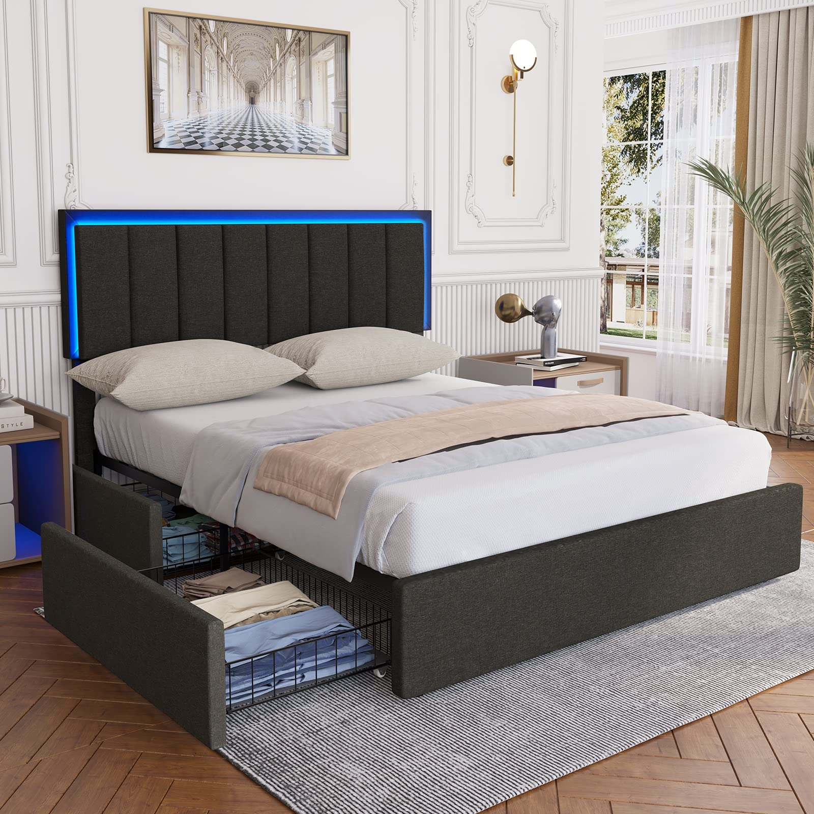 Modern LED Bed Frame with Storage & Lights - Dark Grey for Bedroom Decor