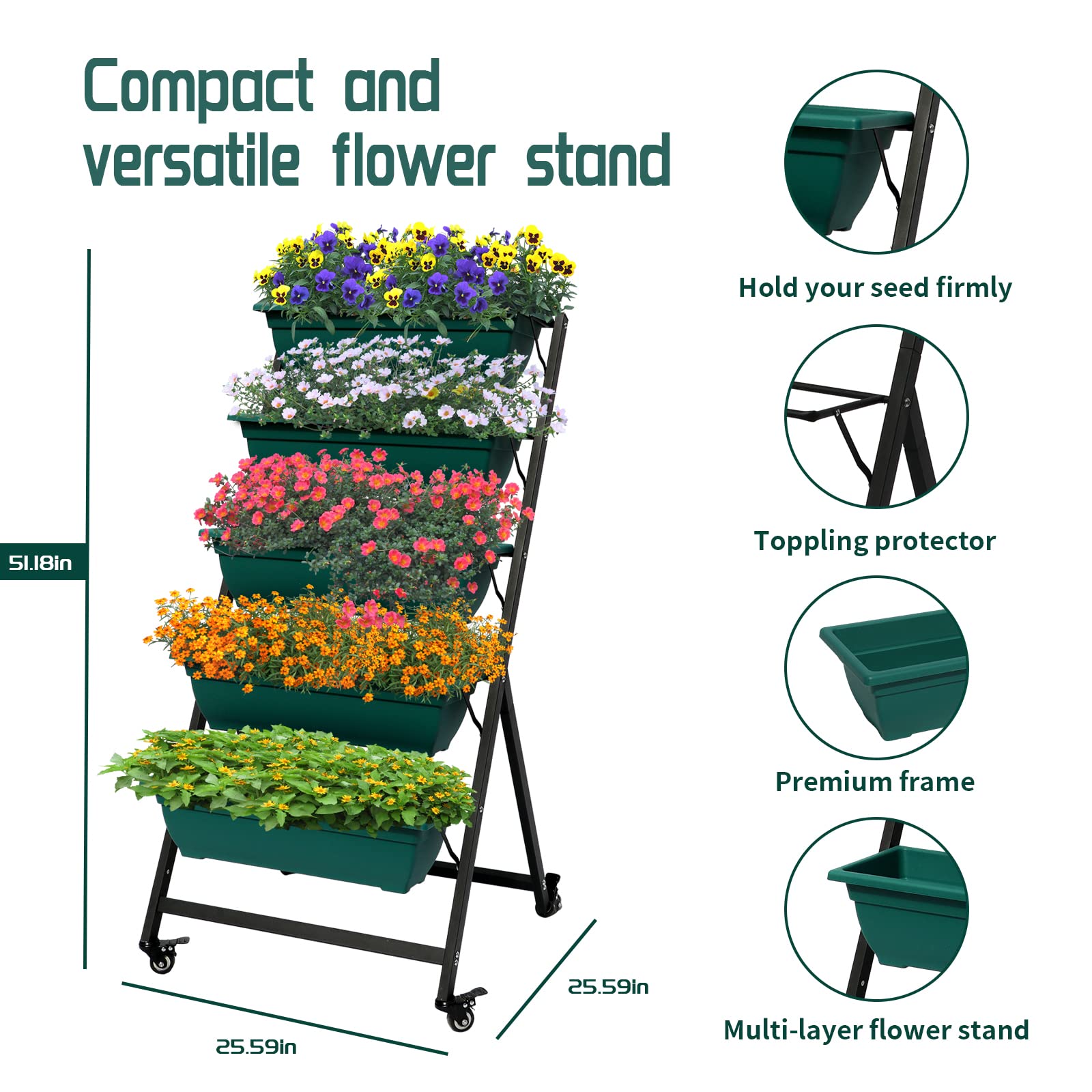 5-Tier Vertical Raised Garden Bed - Freestanding Elevated Planter Box with Drain Holes for Outdoor/Indoor Gardening - Grow Flowers, Vegetables, Herbs on Patio, Balcony or Greenhouse (Green) - Perfect for Small Space Gardening & Urban Farming