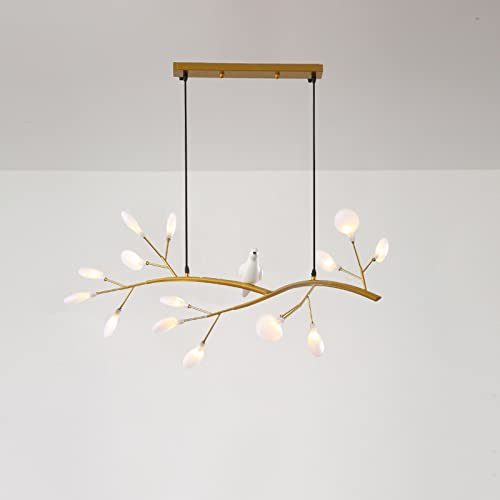 LITFAD Modern Acrylic Tree Branch Island Light Fixture - 15 LED Lights Gold Hanging Chandelier with Bird Decor for Dining Room, Restaurant, Bedroom | Nordic Style Ceiling Light for Home Decor, Wedding Venue & Cafe Lighting