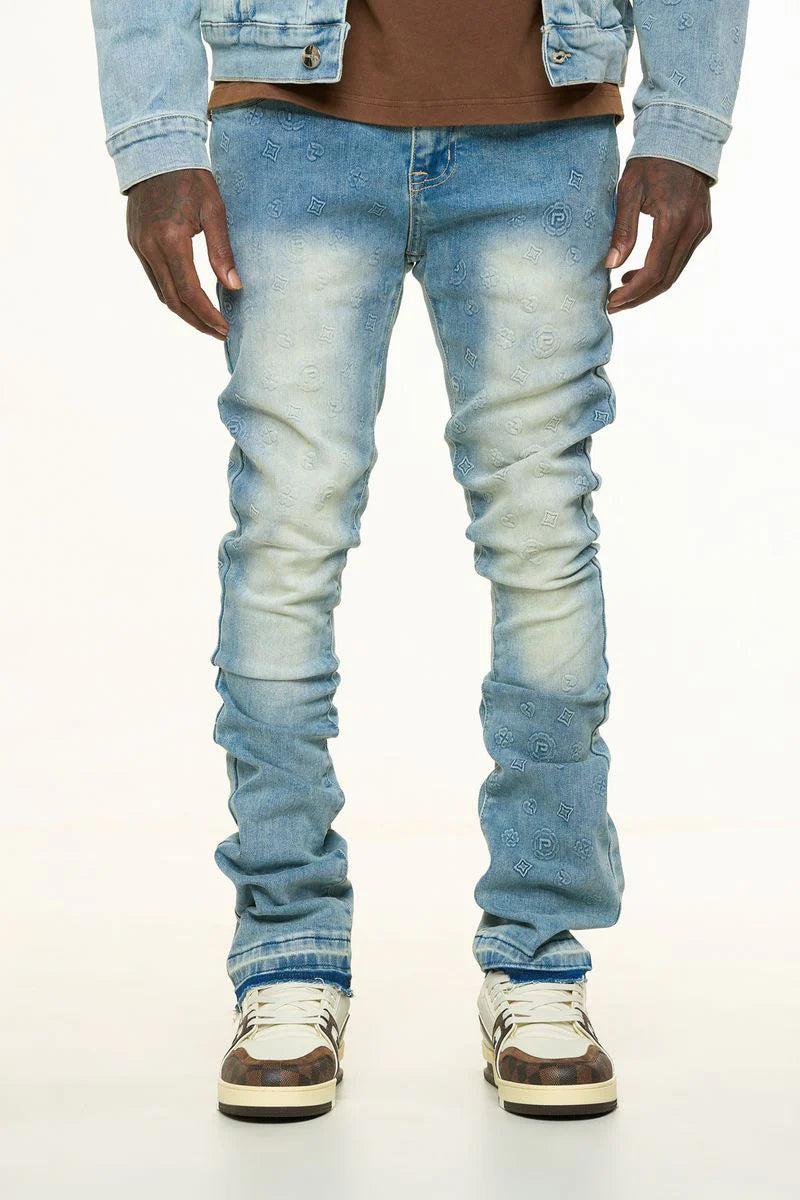 PHEELINGS New Emotions Embossed Flare Stack Denim Jeans - Light Blue Stone Wash for Women | Vintage High Waisted Bell Bottom Pants for Casual Wear & 70s Retro Outfits