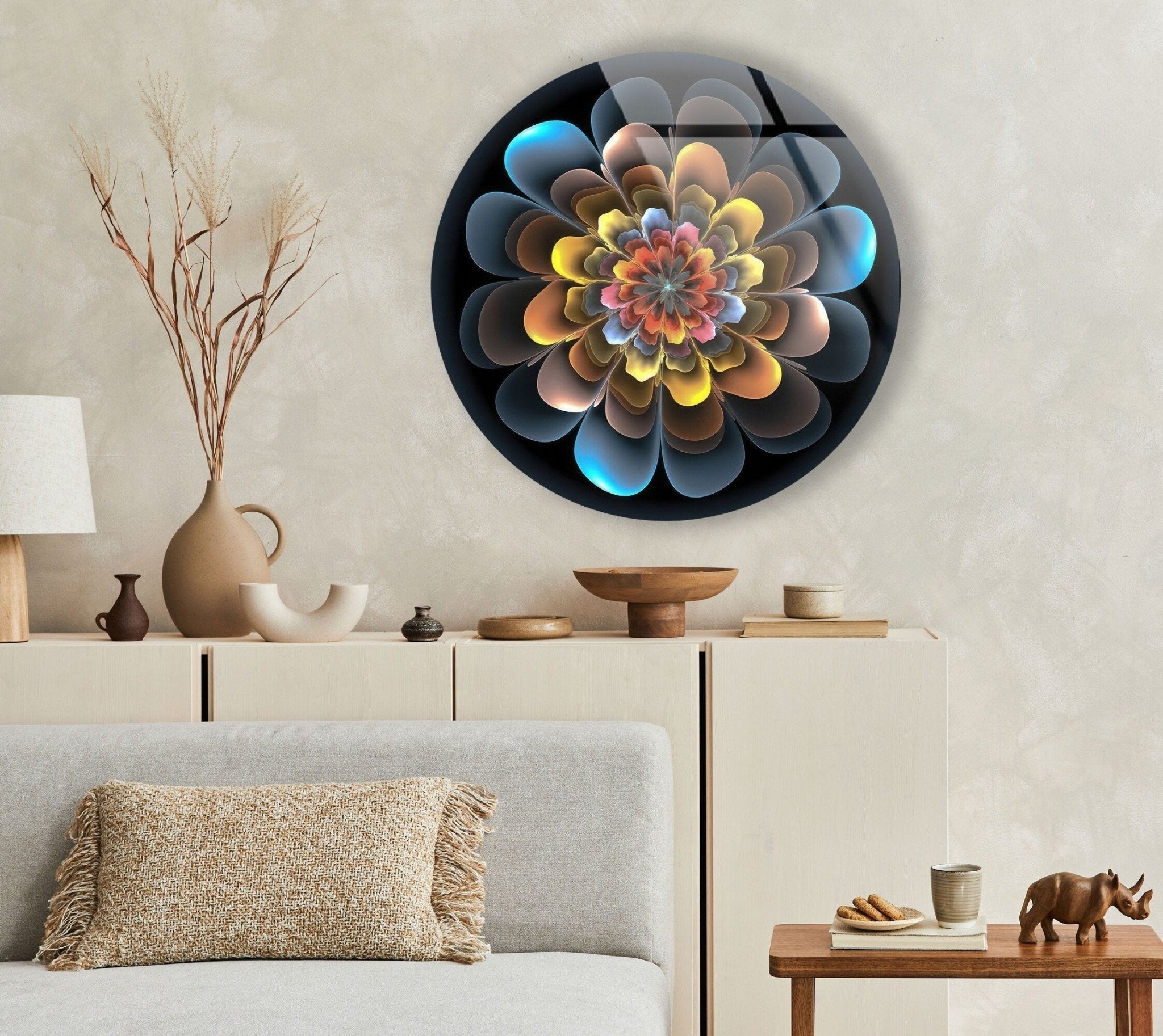 Abstract Round Yellow & Blue Glass Wall Art Decor - Modern Handmade Glass Mosaic for Living Room, Bedroom, Bathroom & Office Decor