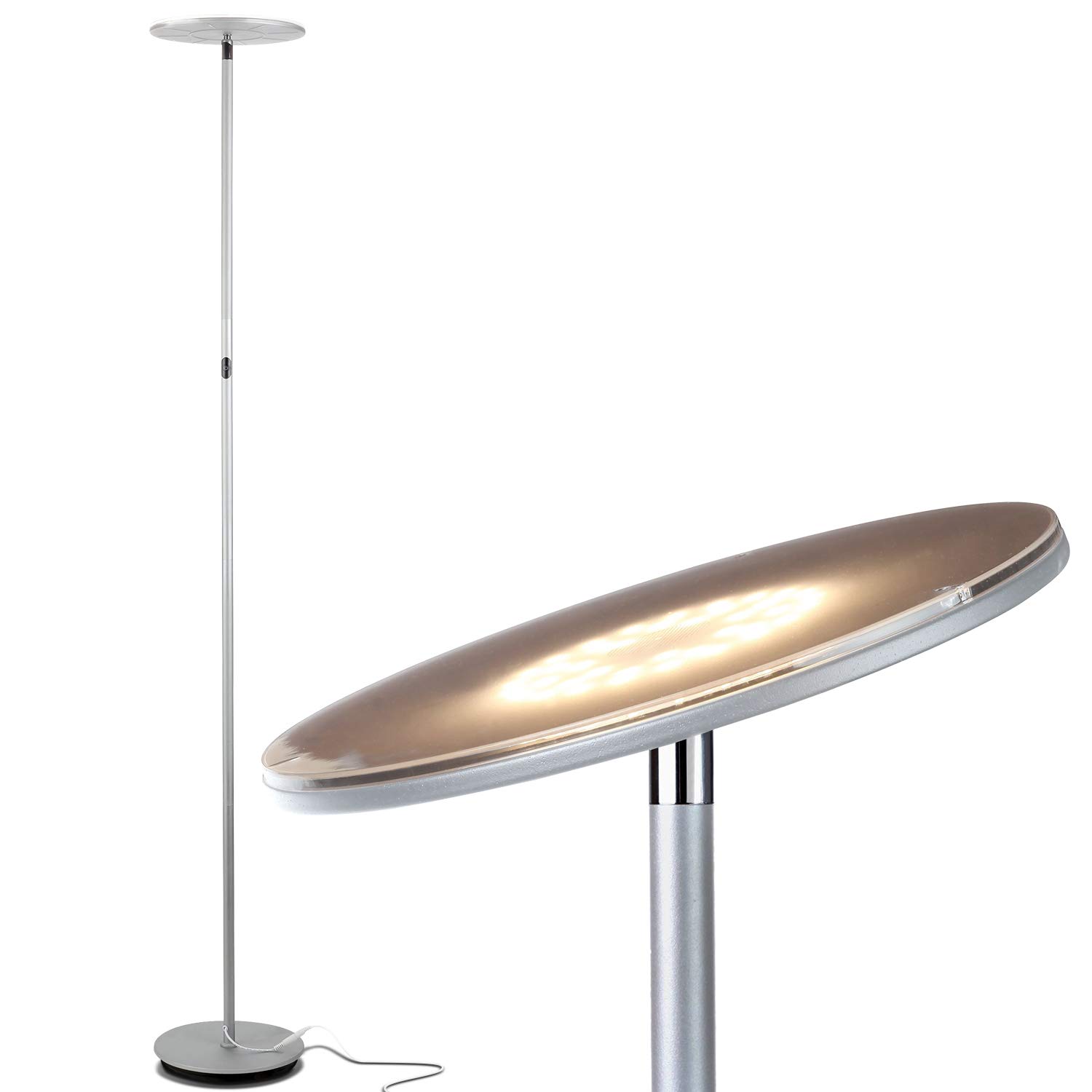 Brightech Sky LED Floor Lamp - Super Bright Dimmable Torchiere Standing Lamp for Living Room, Bedroom & Office - Tall Reading Light in Platinum Silver - Perfect for Cozy Nights & Workspaces