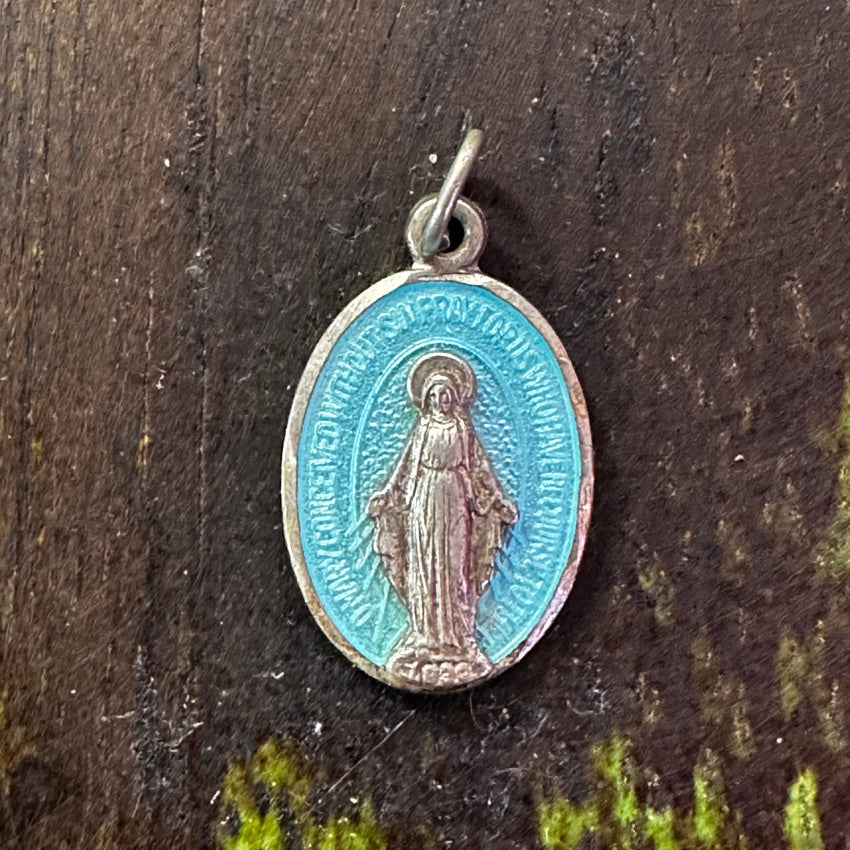 Vintage Sterling Silver Blue Guilloche Enamel Sacred Mother Pendant Necklace - Religious Jewelry Gift for Women, Baptism, First Communion & Spiritual Occasions