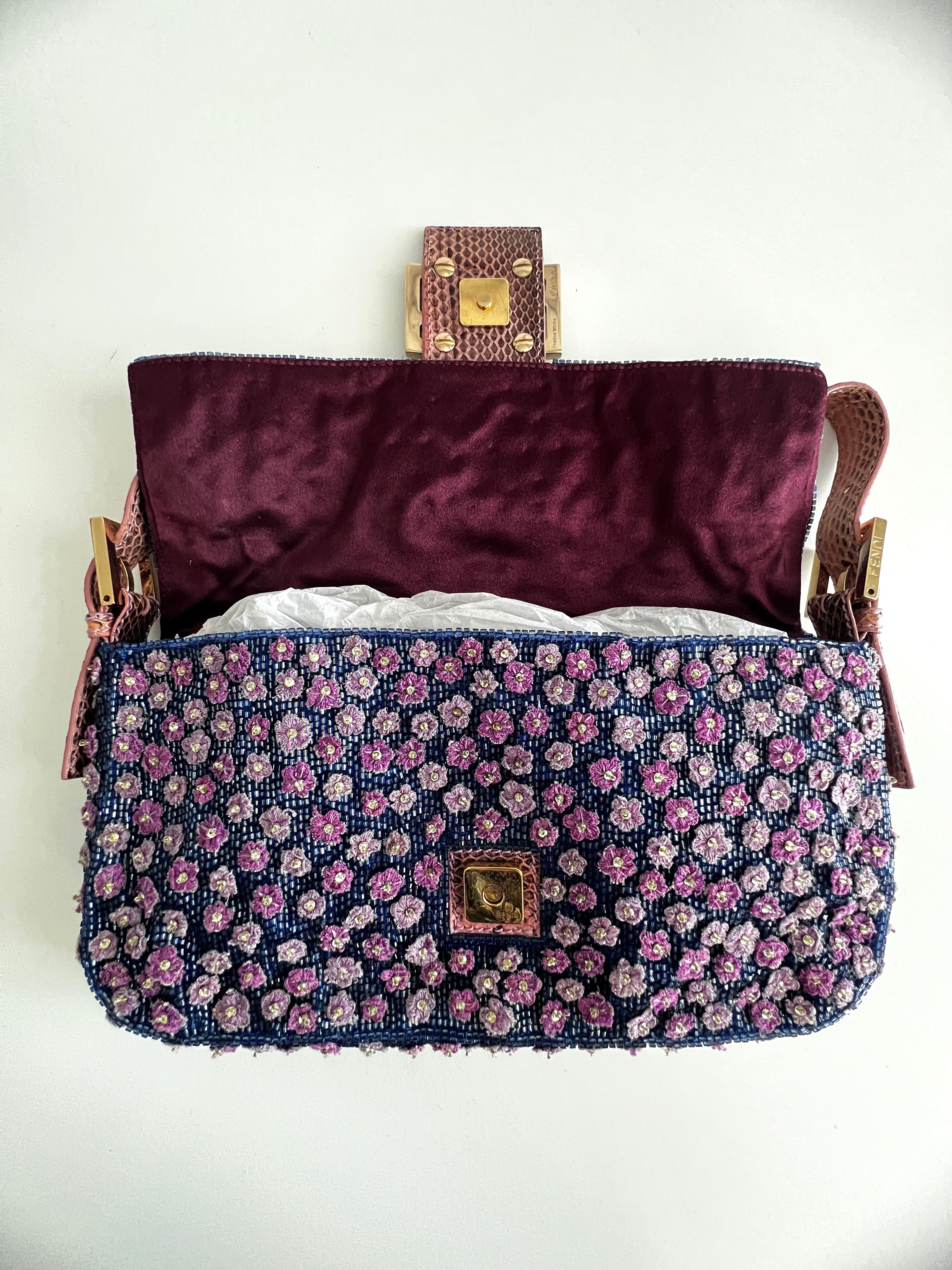 Fendi Blue Beaded Rhinestone Baguette Bag with Purple Flowers - Elegant Evening Clutch for Parties, Weddings & Special Occasions