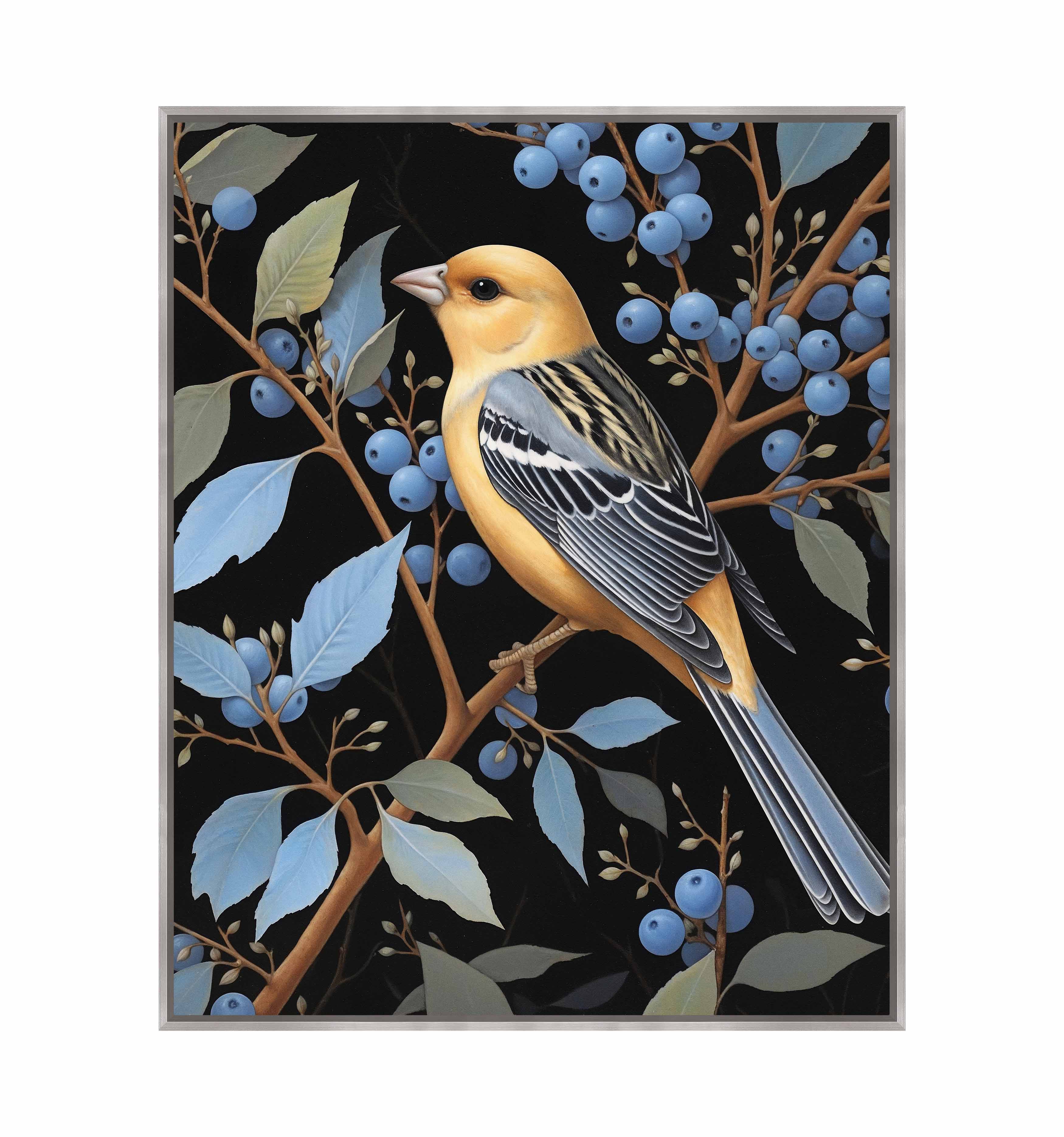 Bounty of Blue Oriole Amidst Berries Gallery Wrapped Canvas - Stunning Nature Wall Art for Living Room, Bedroom & Office Decor