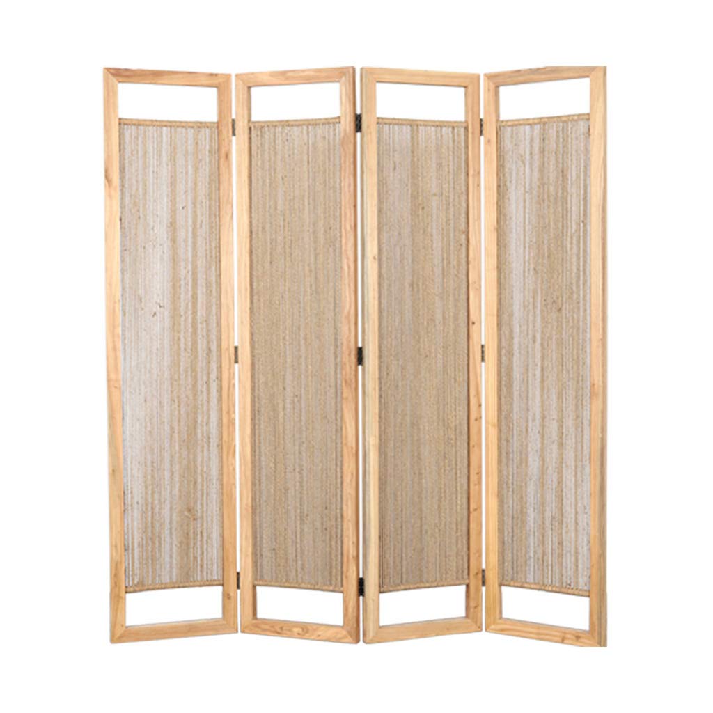 Modern Chinese Style 4-Panel Solid Wood Room Divider - Handmade Hemp Rope Folding Partition Screen for Living Room, Bedroom & Office Space | Even Weave Fiber Privacy Screen | Home Decor & Space Separator