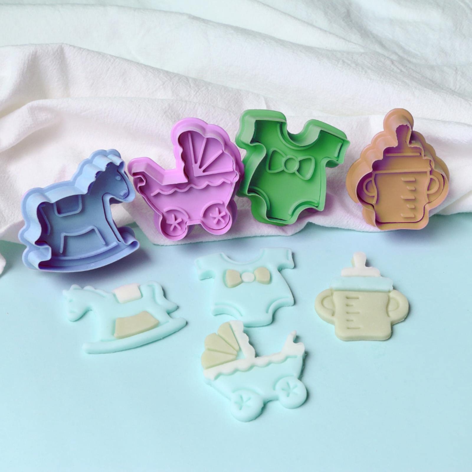4pcs 3D Baby Stroller & Trojan Bottle Cookie Molds - Biscuit Stamp, Fondant Decorating Tools for Baby Shower, Birthday Party & DIY Baking Gifts