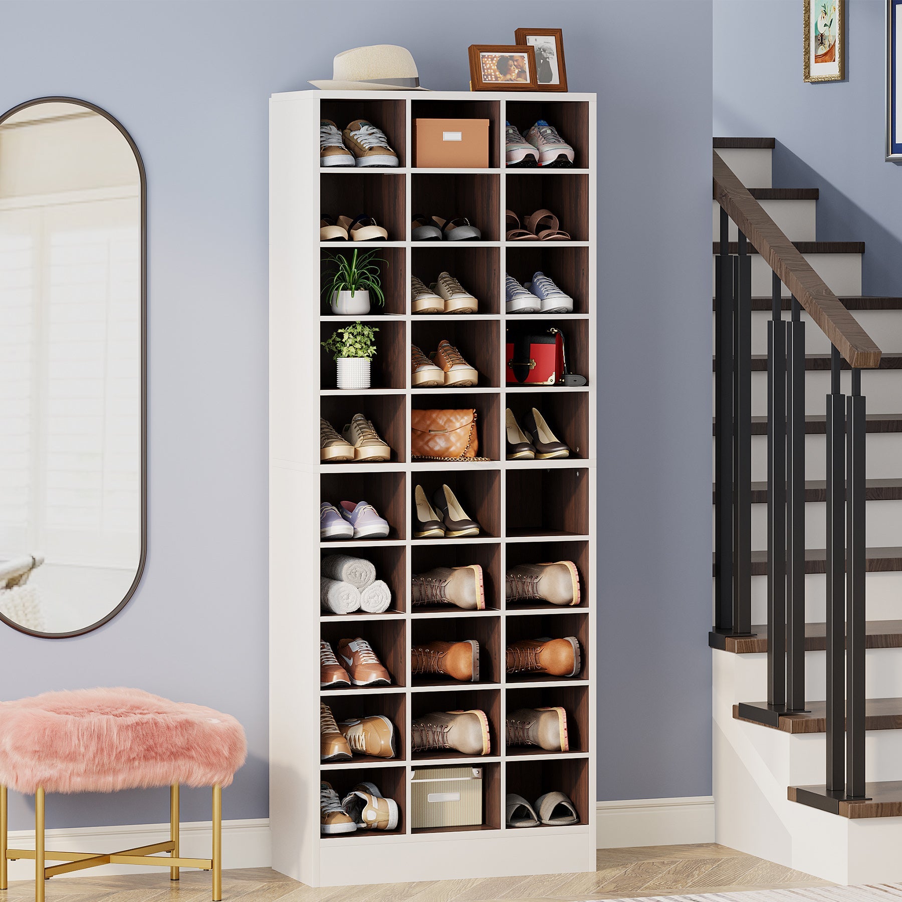 10-Tier Wooden Shoe Storage Cabinet with 30 Cubbies - Space Saving Shoe Organizer for Entryway, Closet & Bedroom - Perfect for Sneakers, Heels & Boots
