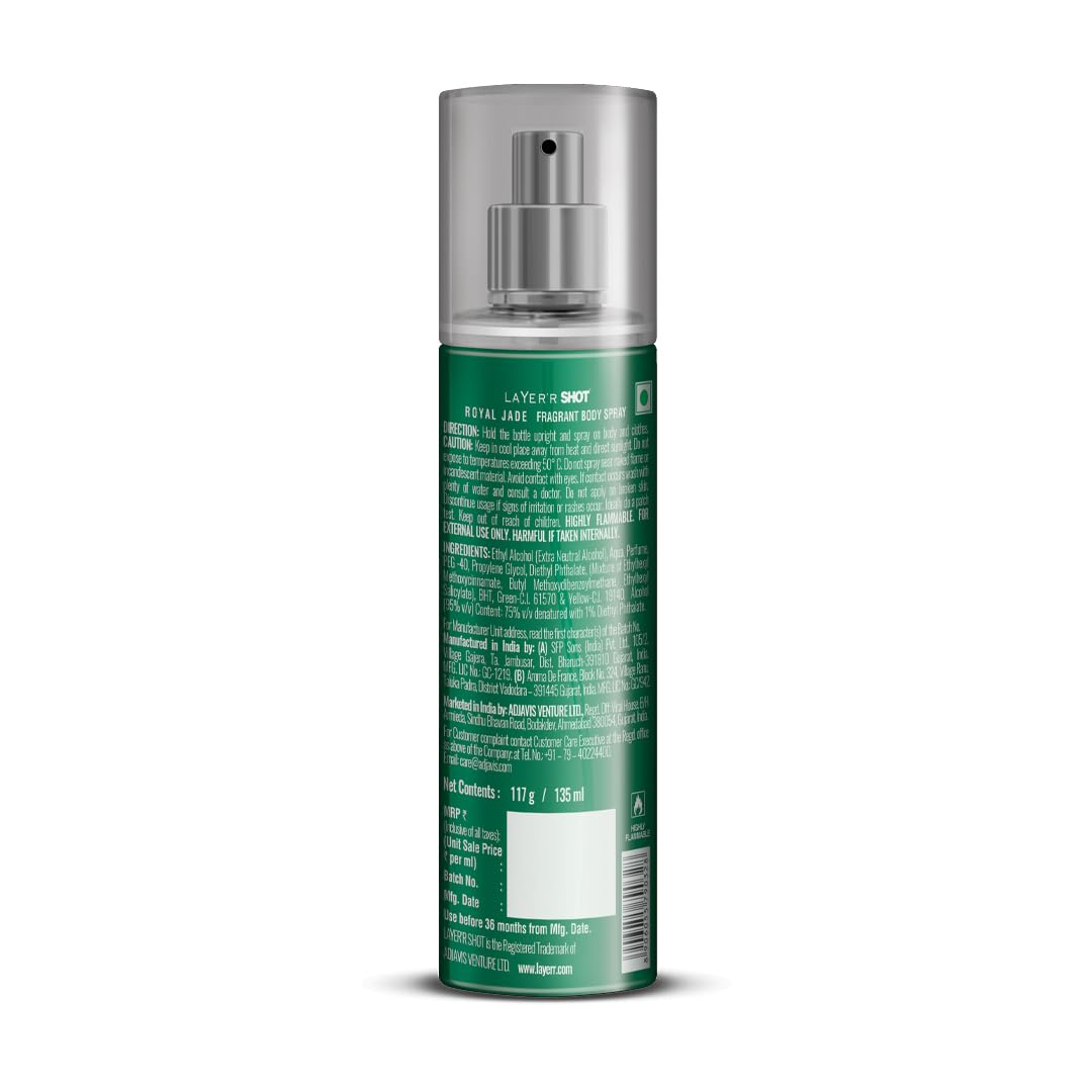 Layer'r Shot Royal Jade Deodorant Body Spray for Men, 135ml - Long Lasting Freshness for Gym, Work & Daily Use