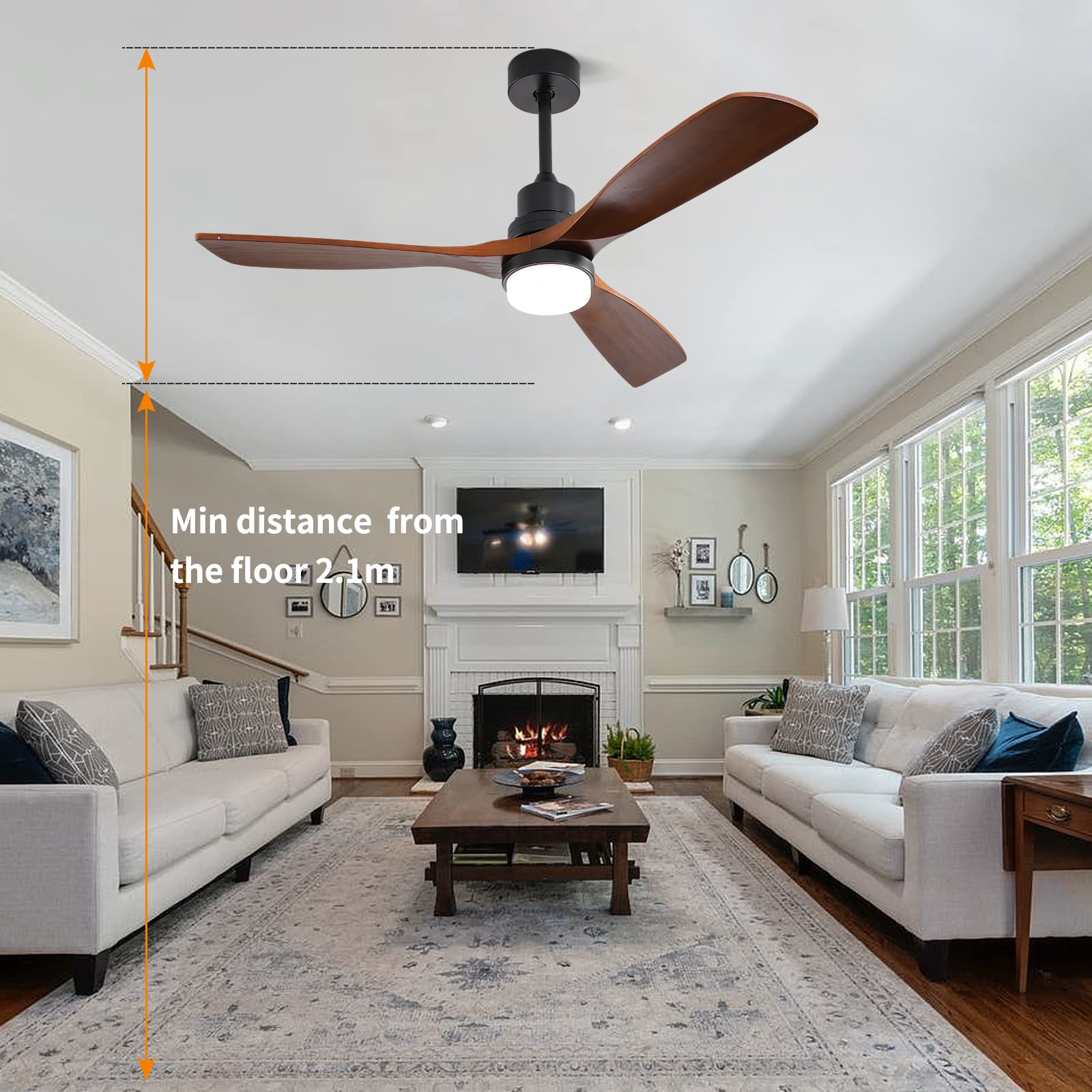 52 Inch Walnut Ceiling Fan with Light and Remote Control - 3 Wooden Blades, Dimmable 3-Color LED Light, 6-Speed DC Reversible Silent Motor for Living Room, Bedroom, and Office