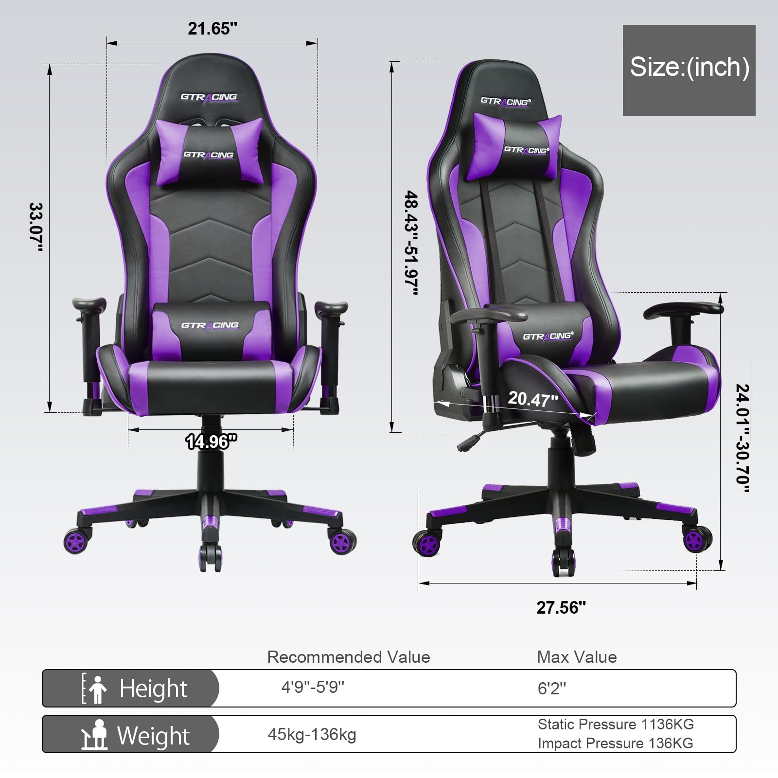 GTRACING GT890M Ergonomic Gaming Chair with Bluetooth Speakers - Heavy Duty Office Computer Desk Chair for Video Games & Music - Purple - Perfect for Gaming, Streaming & Home Office Use