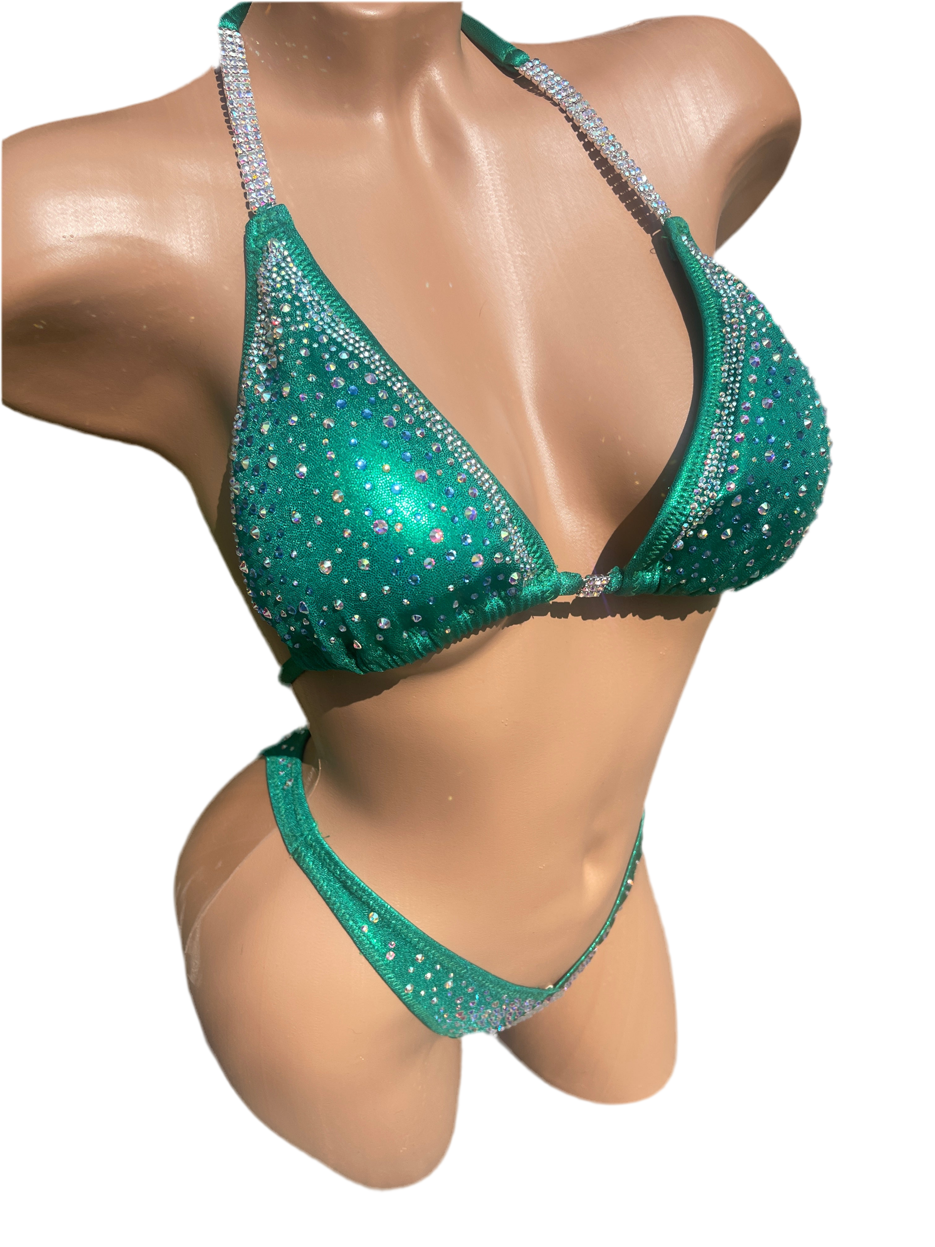 AP 568 Emerald Green Crystal Figure Posing Suit - Competition Physique & Bodybuilding Outfit - Perfect for Figure Shows, Bikini Contests & Stage Performances