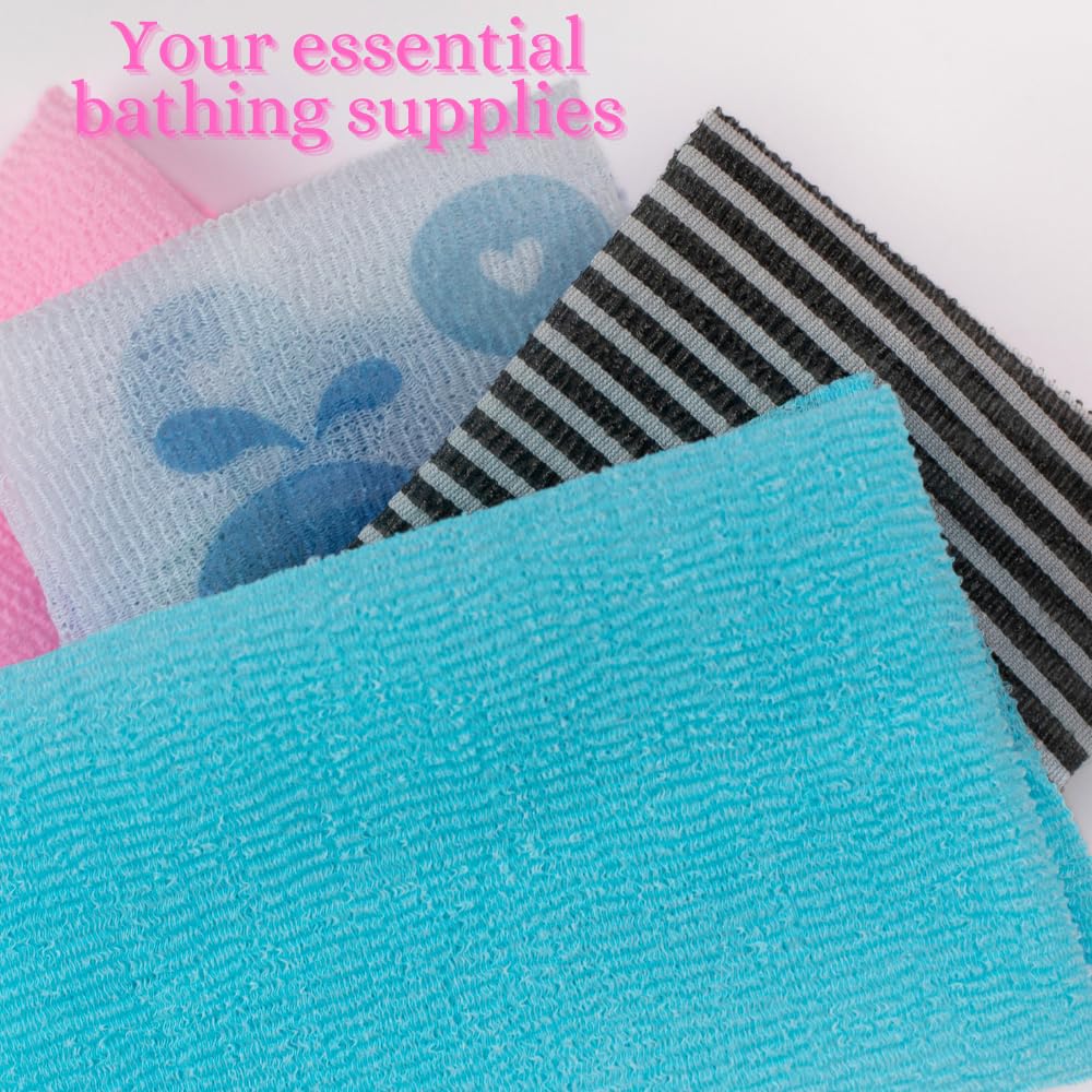 Exfoliating Body Scrubber Pack of 4 - Japanese Washcloth Back Scrubber for Shower - Soft, Medium & Hard Exfoliating Wash Cloth for Radiant Skin - Perfect for Spa, Bath & Skincare Routine