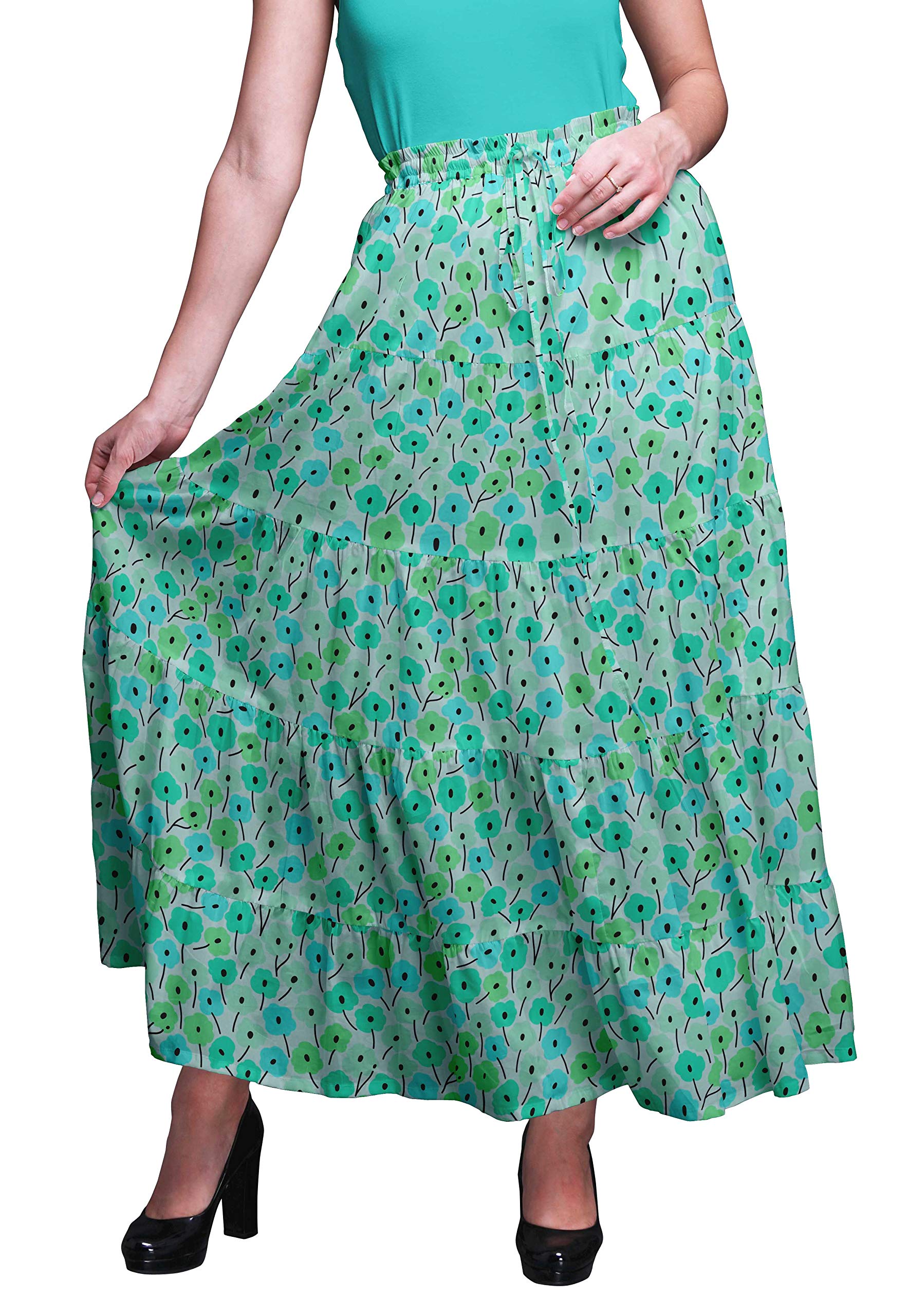 Bimba Printed Long 5-Tier Cotton Skirt for Women - Boho Maxi Skirt with Floral Design, Comfortable & Stylish Summer Skirt for Beach, Vacation, and Casual Outings