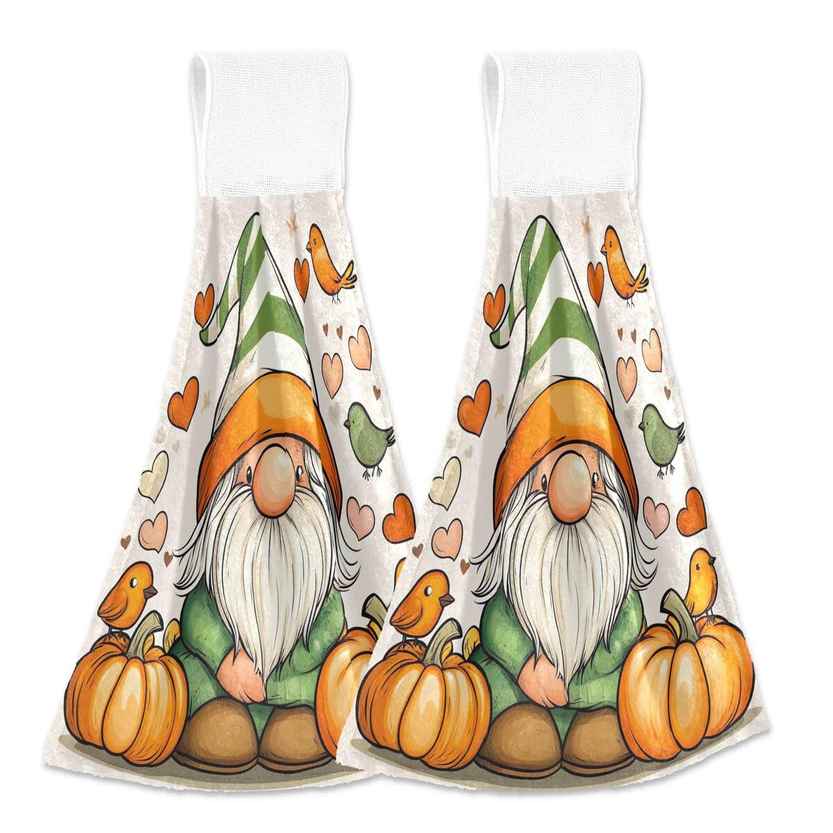 2Pcs Halloween Kitchen Hand Towels - Cute Gnome with Pumpkins & Birds Design, Super Absorbent Hanging Towels with Magic Tape for Bathroom, Laundry Room, Kitchen - Machine Washable - Perfect for Halloween Decor & Gift Giving