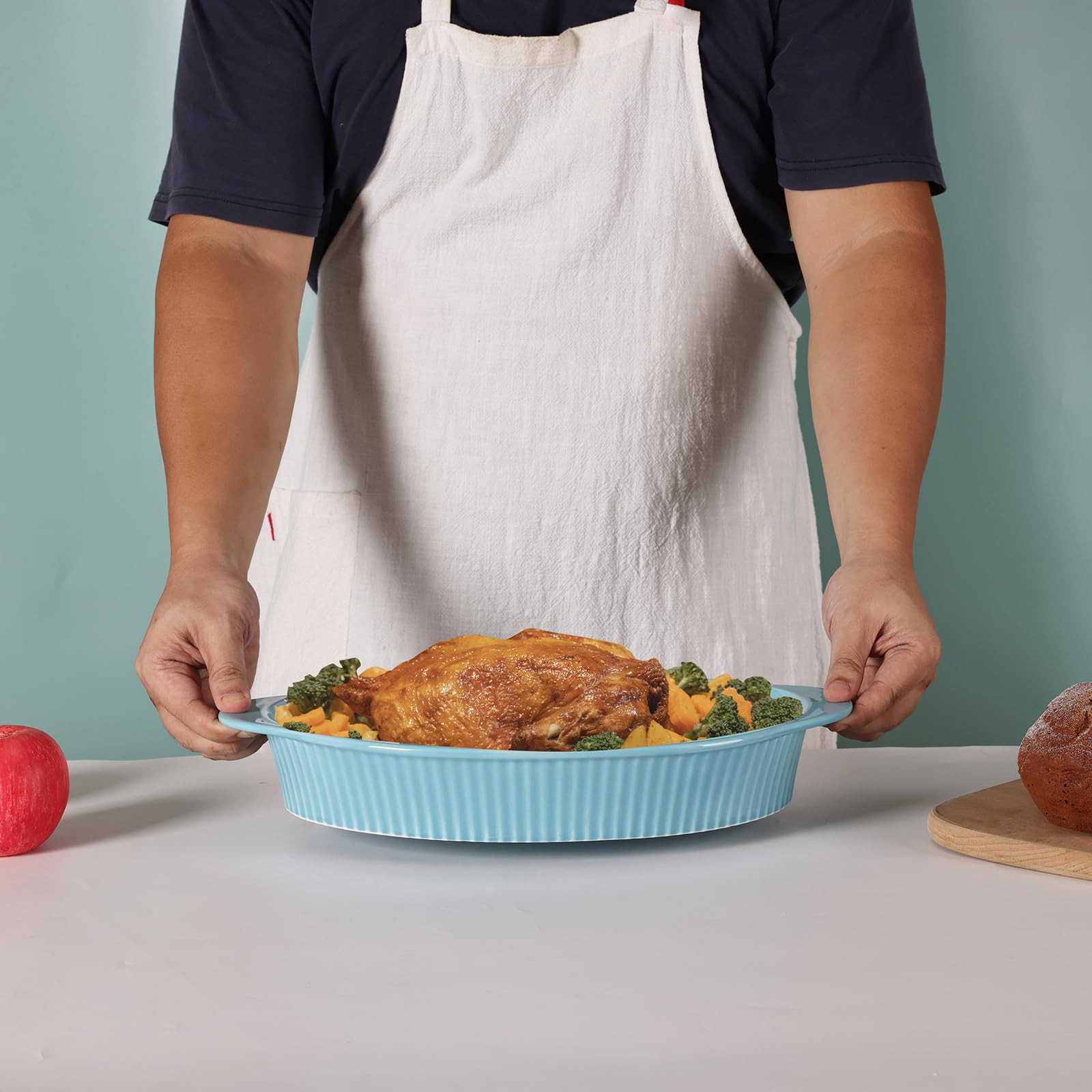 LEETOYI 9x13 Inch Large Oval Porcelain Au Gratin Baking Dish - Double Handle Oven Safe Bakeware for Casseroles, Lasagna, Mac & Cheese - Turquoise Kitchen & Home Dinnerware for Entertaining & Family Meals