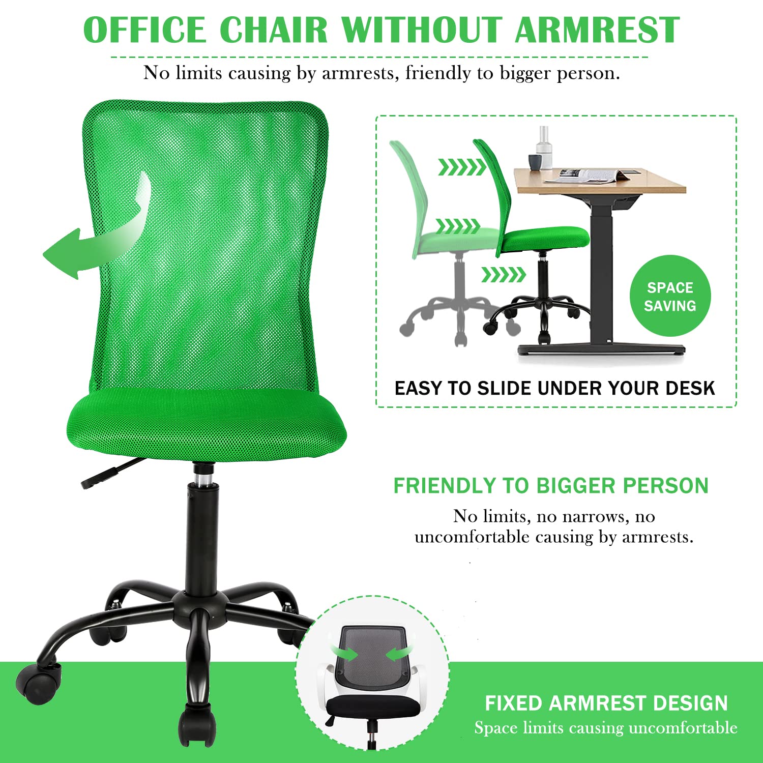 Ergonomic Mid Back Mesh Office Chair - Adjustable Armless Computer Desk Chair with Breathable Mesh Back, Green - Perfect for Home Office, Gaming & Workspace Comfort