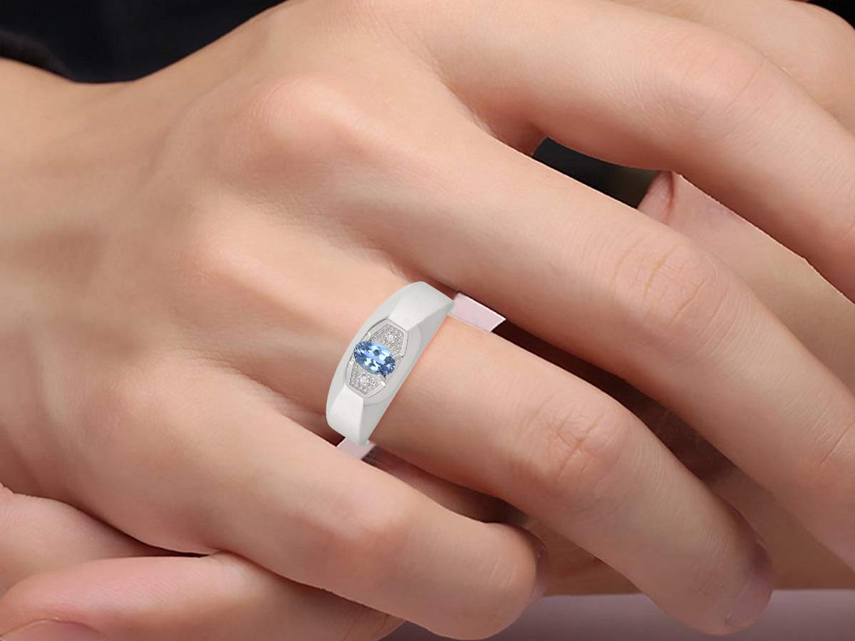 Rylos Men's Sterling Silver Classic Designer Ring - 6X4MM Oval Gemstone & Sparkling Diamond - Birthstone Rings for Men - Sizes 8 to 13 - Perfect for Weddings, Anniversaries, and Gifts