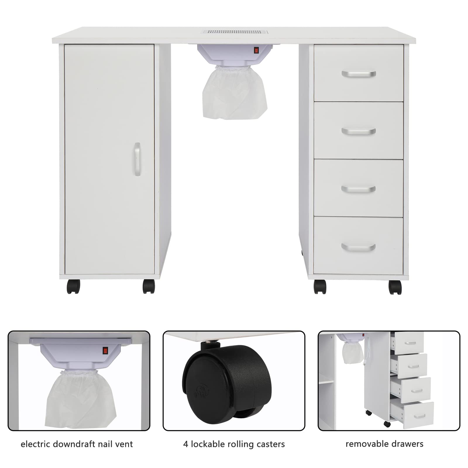 Professional Manicure Table with Downdraft Ventilation - Nail Tech Station with 4 Removable Drawers, 2-Tier Storage Cabinet & Lockable Wheels | Perfect for Salon, Spa & Home Nail Art Studio