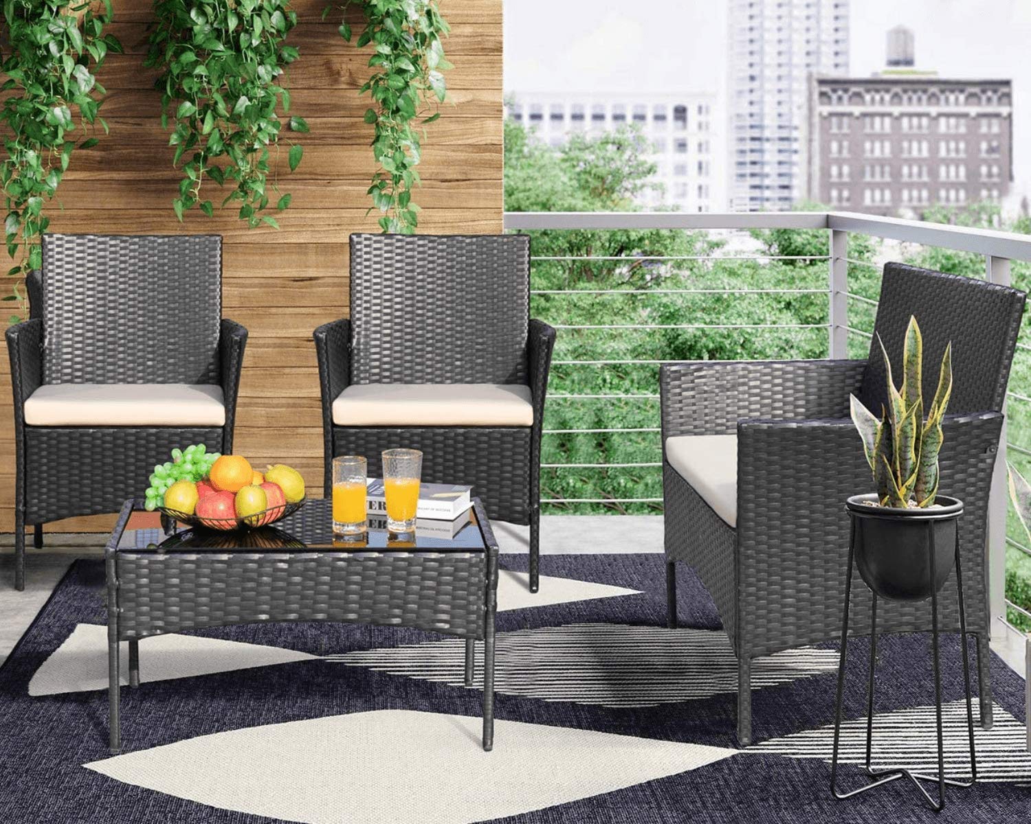 4-Piece Outdoor Patio Conversation Set with Cushions - Rattan Wicker Sofa & Tempered Glass Coffee Table - Perfect for Backyard, Garden, Balcony, Porch & Poolside Relaxation