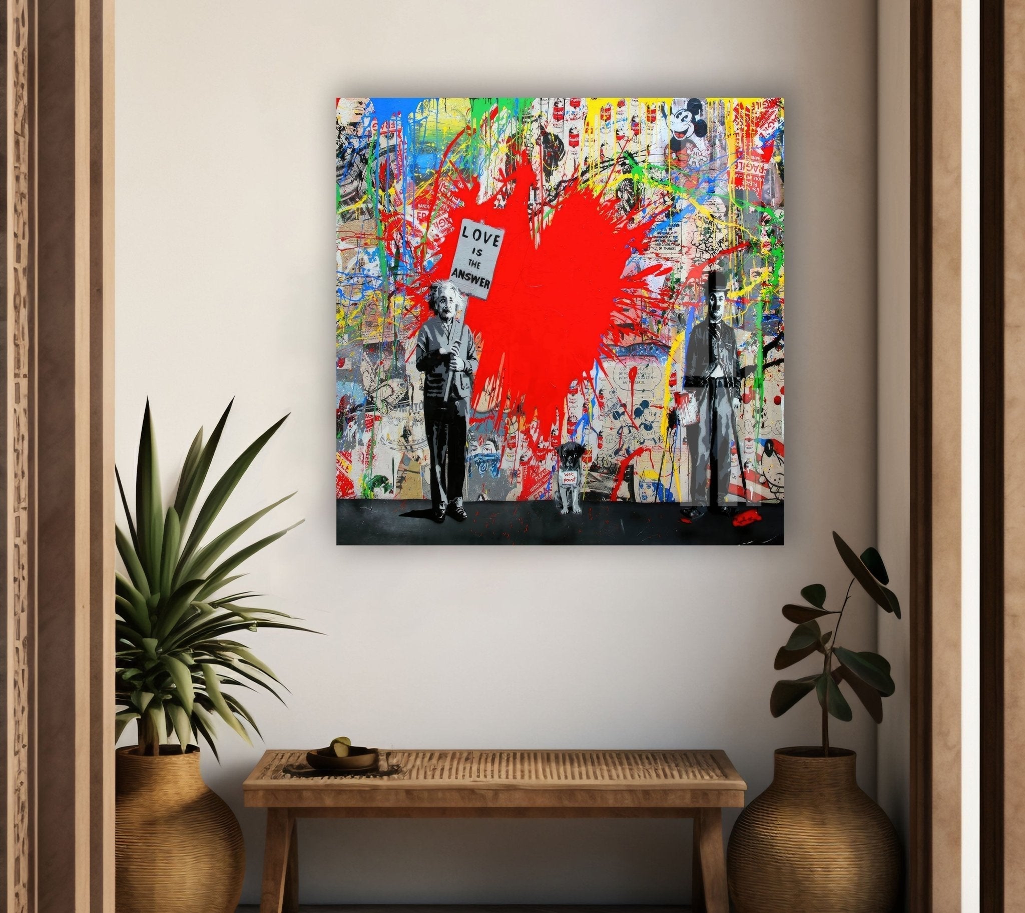 Banksy Einstein Love is the Answer Glass Wall Art - Modern Home Decor for Living Room, Bedroom & Office