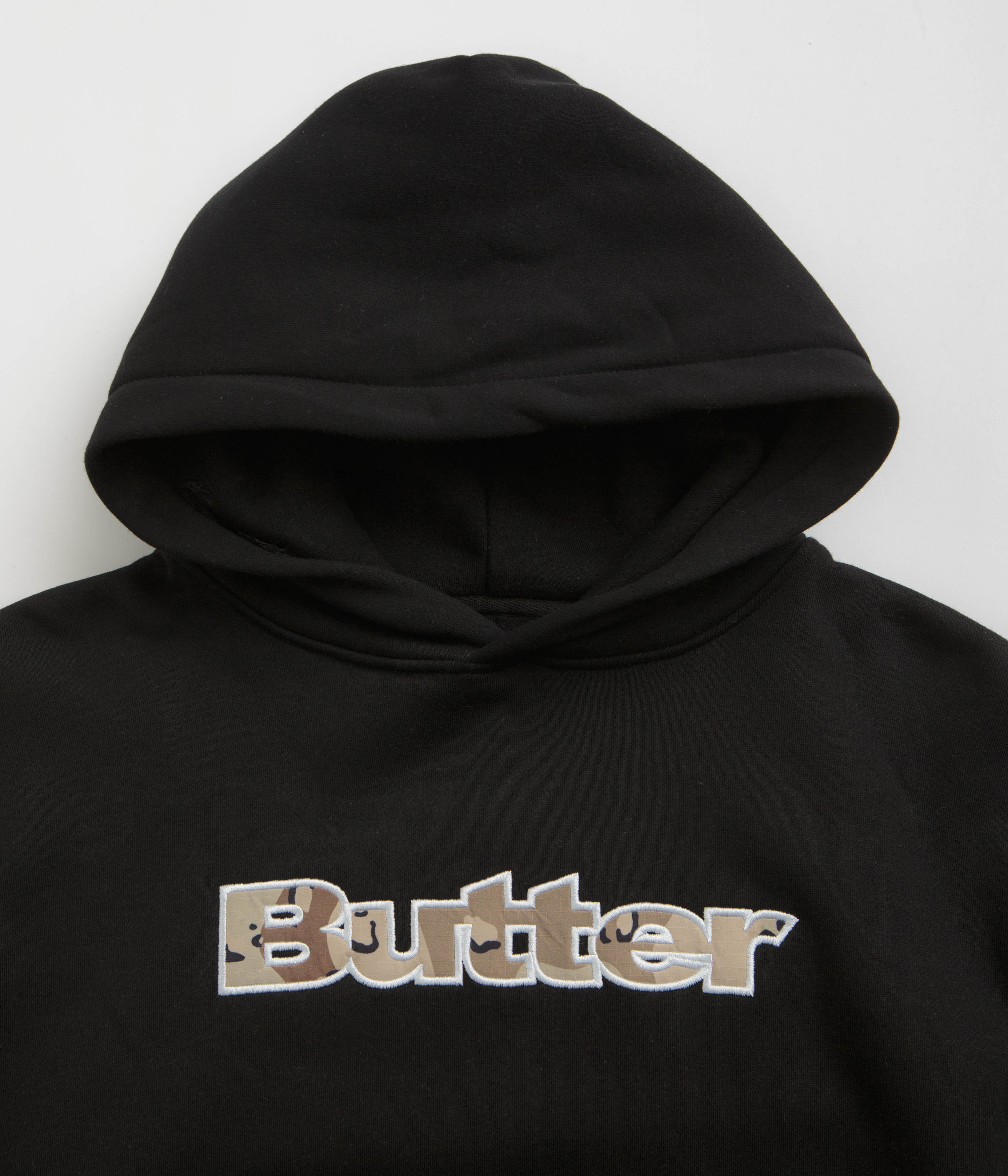 Butter Goods Logo Camo Applique Hoodie for Men - Black Streetwear Pullover | Perfect for Urban Fashion & Casual Outfits