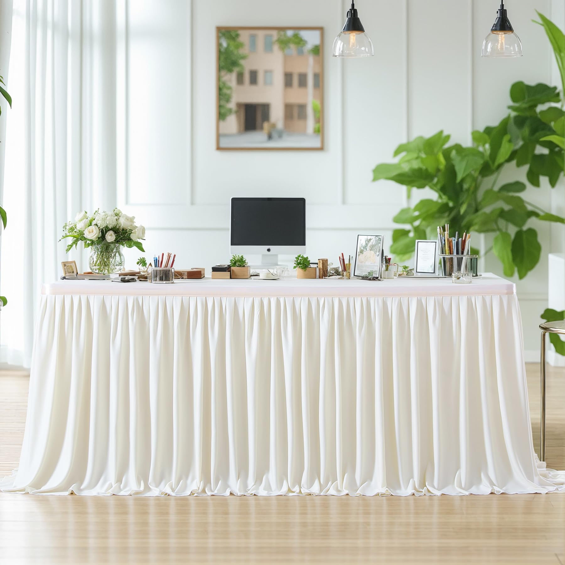 Partisky 17ft Ivory Polyester Table Skirt - Wrinkle Resistant Pleated Ruffle Tablecloth for Rectangle Tables | Perfect for Banquets, Weddings, Baby Showers & Dining Displays | Elegant Decoration for Special Events & Gift Presentations