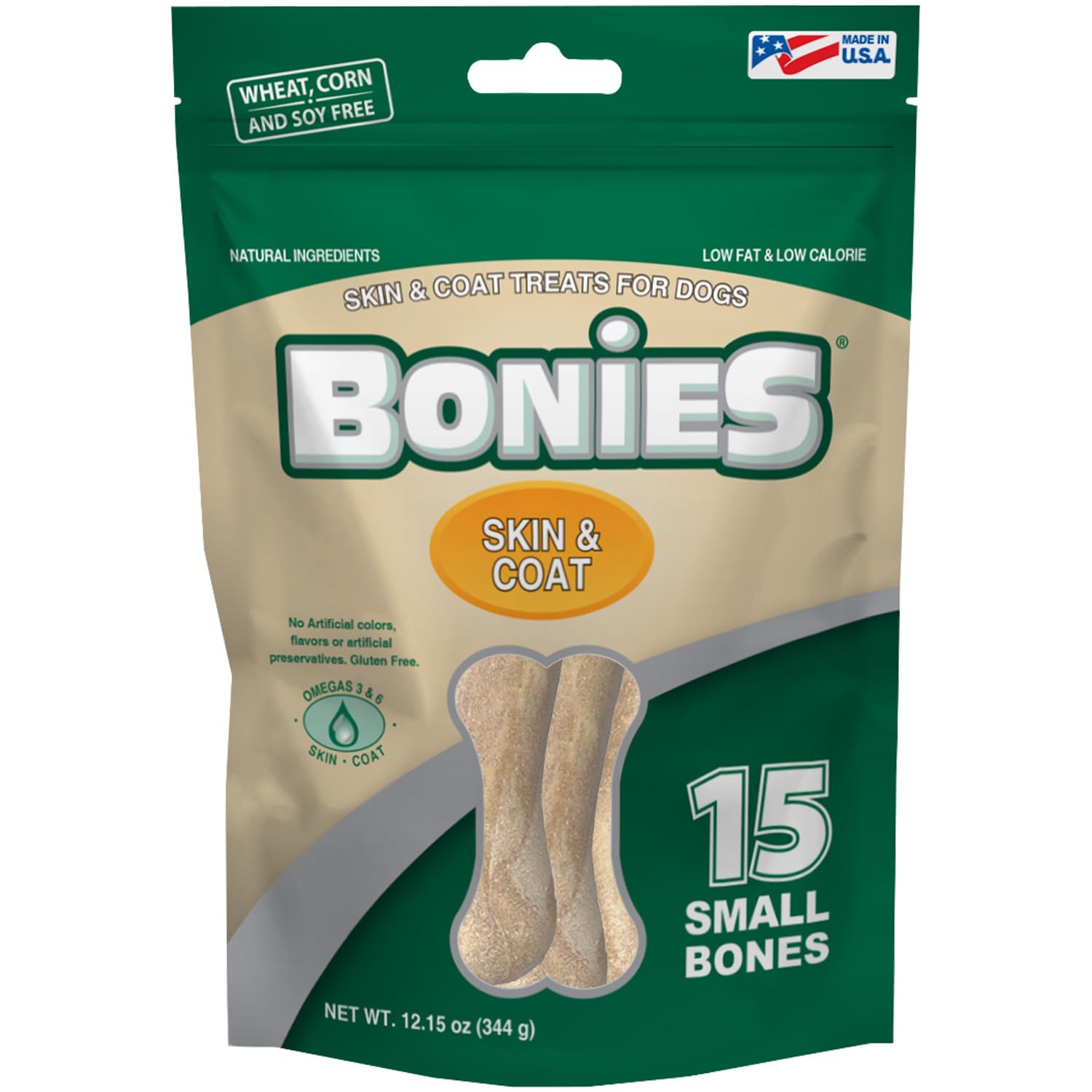 Bonies Natural Skin & Coat Formula Small Dog Treats - Promote Silky Coat, Healthy Skin, Teeth & Fresh Breath - Low Calorie Chicken Flavor (15 Count) - Perfect for Training, Rewards & Dental Care for Small Breeds
