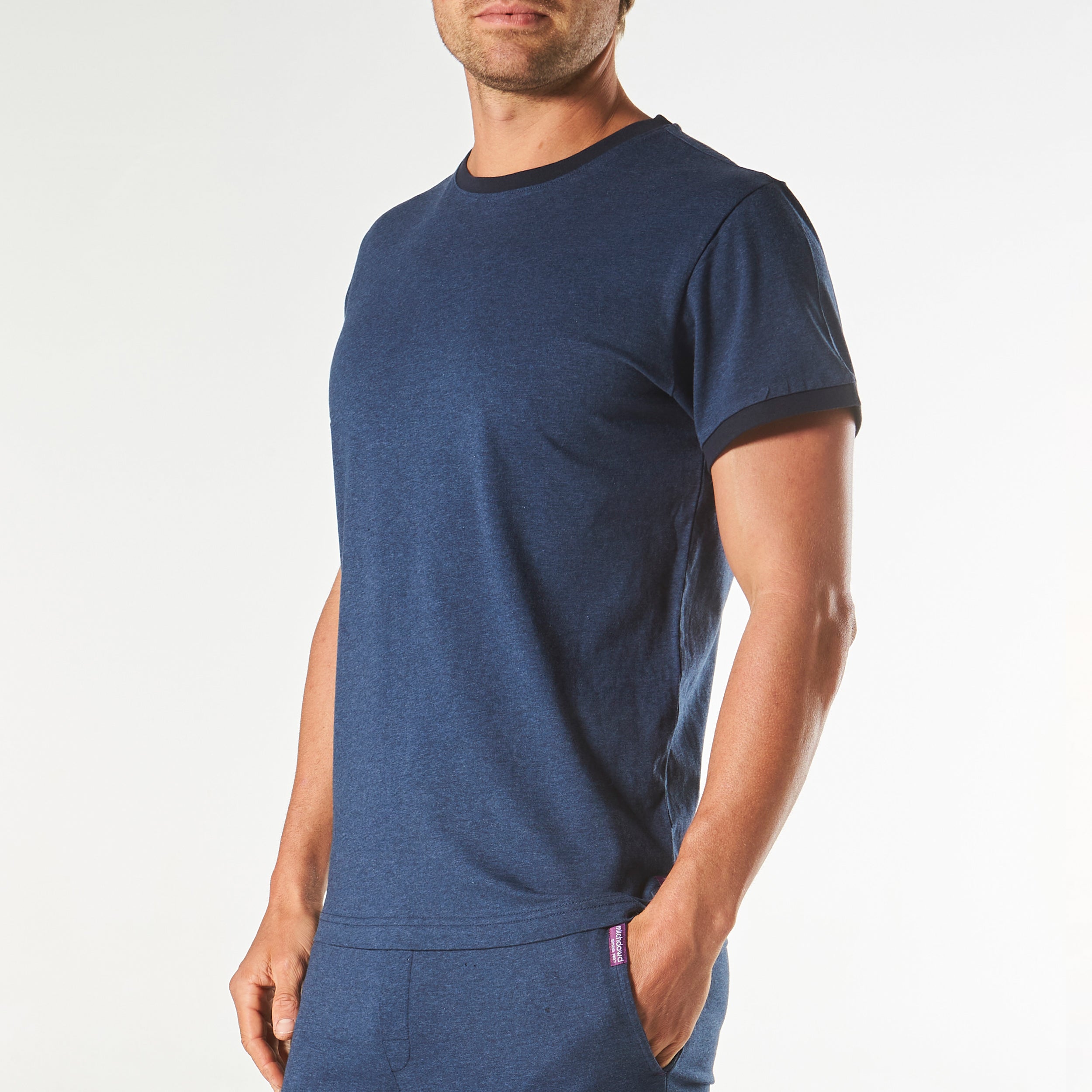 Men's Short Sleeve Contrast Cotton Sleep Tee - Soft Denim Marle Lounge Shirt for Comfortable Nightwear & Relaxing at Home